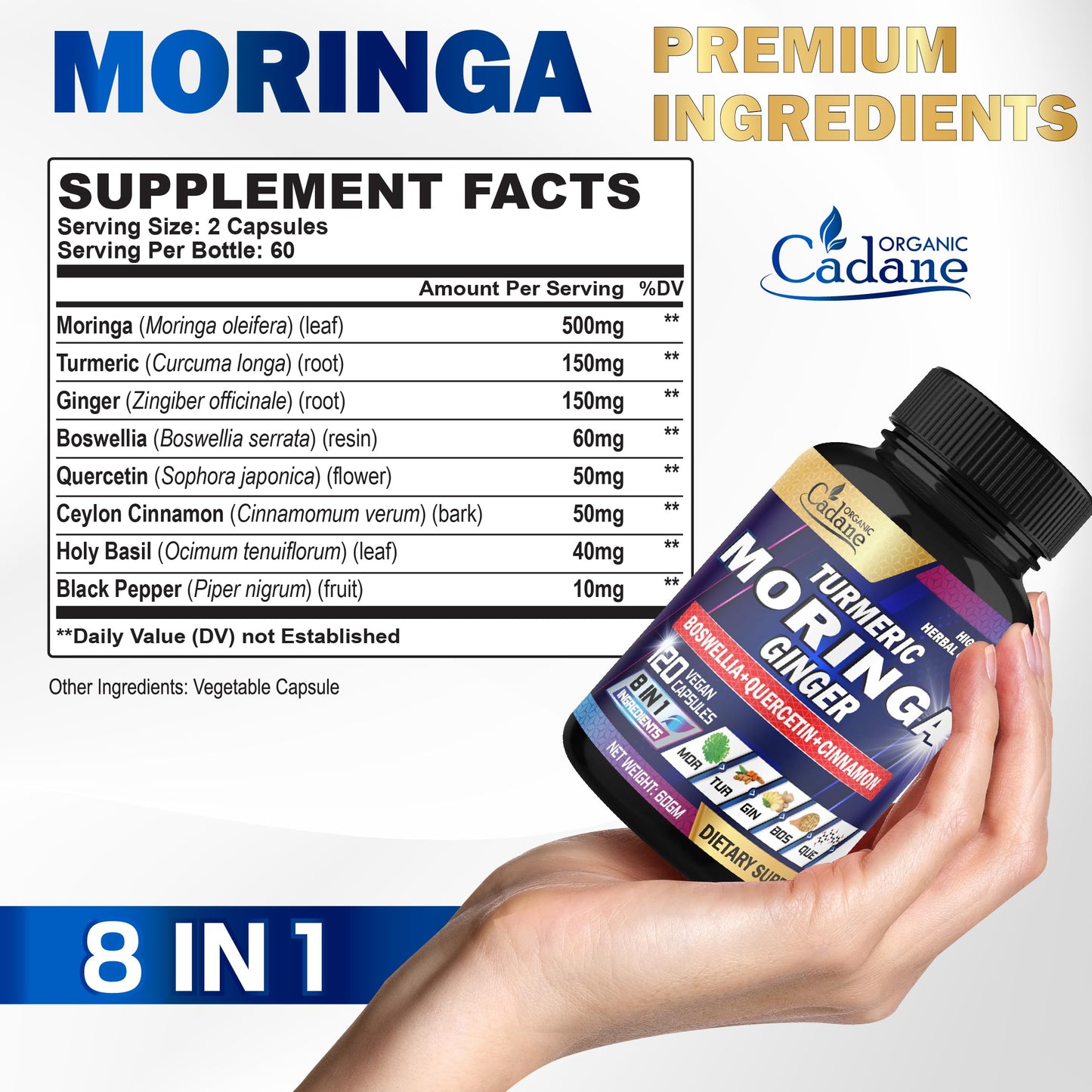 Organic Cadane Moringa Leaf Turmeric Ginger Supplement Capsules 120 Count