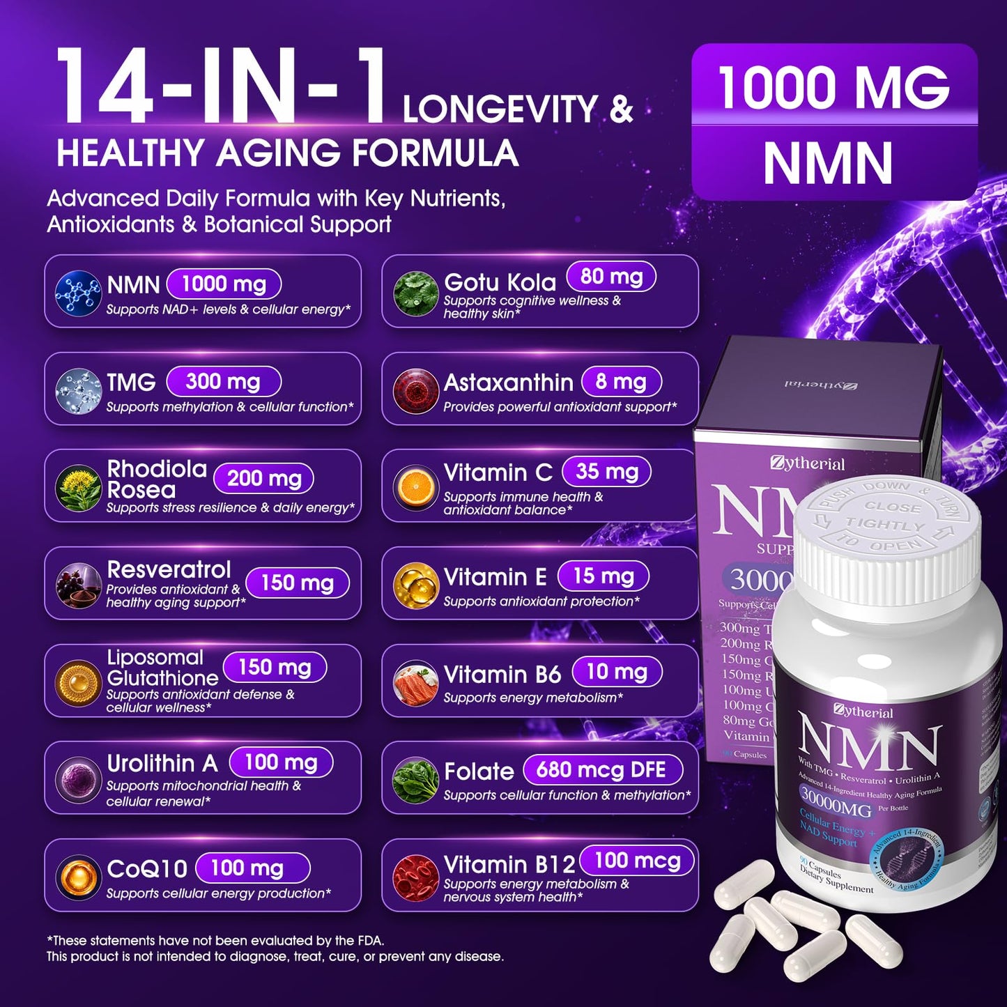 Zytherial NMN Supplement 1000mg Per Serving, 14-in-1 with TMG, Urolithin A, Resveratrol, Glutathione, Gotu Kola, NMNH Alternative & NAD+ Precursor, Supports Energy & NAD+ Level, Capsule, 90 Count