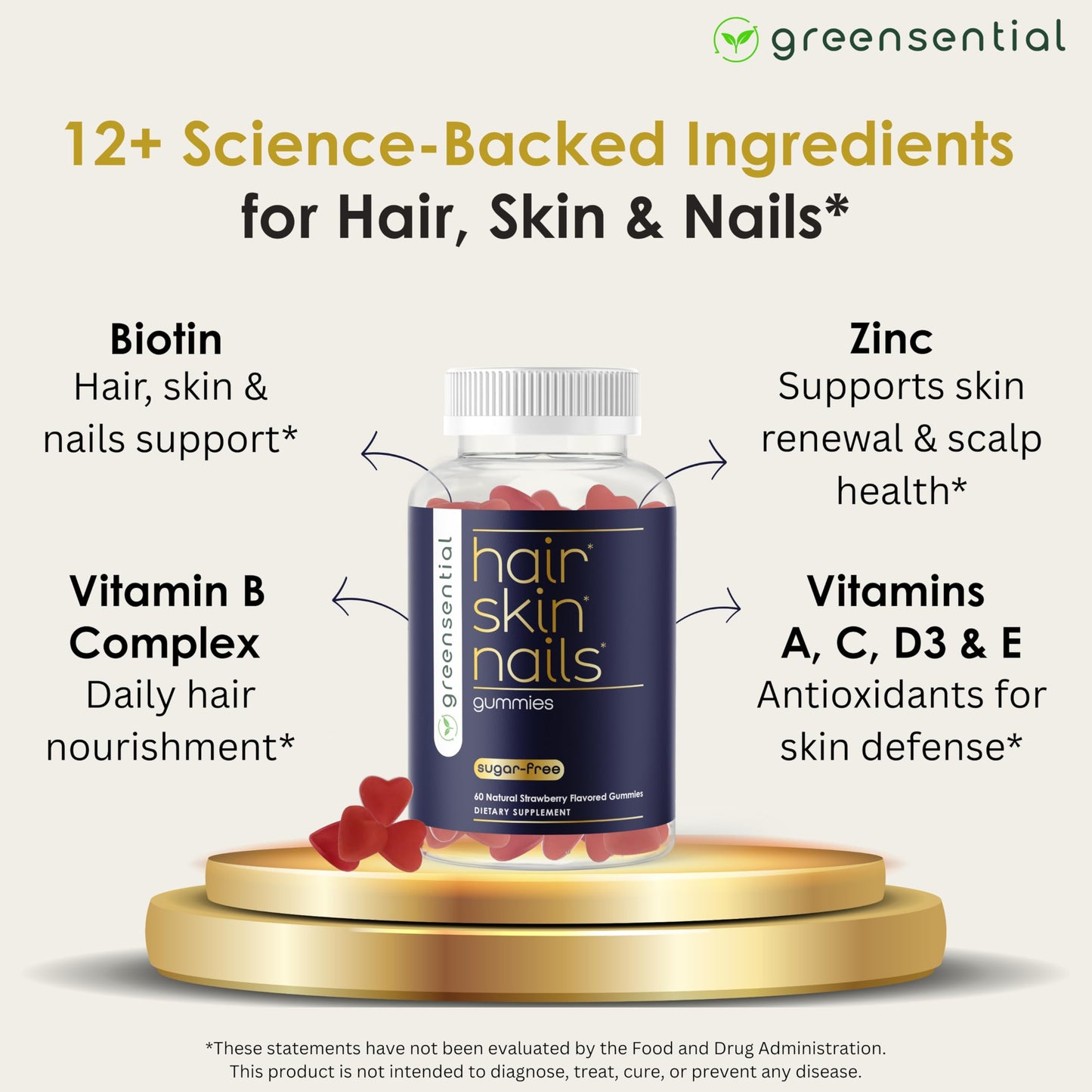 Greensential Hair, Skin & Nails Gummies, 60 Gummies