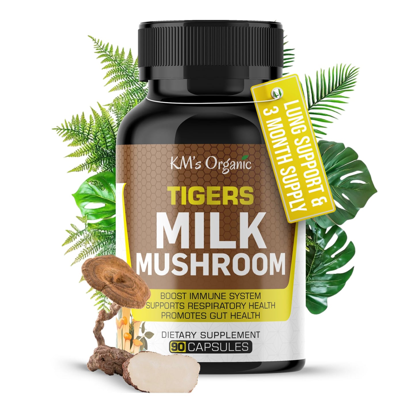 KM's Organic Tiger’s Milk Mushroom Supplement 10:1 Extract (Lignosus Rhinocerus) 90 Vegan Capsules