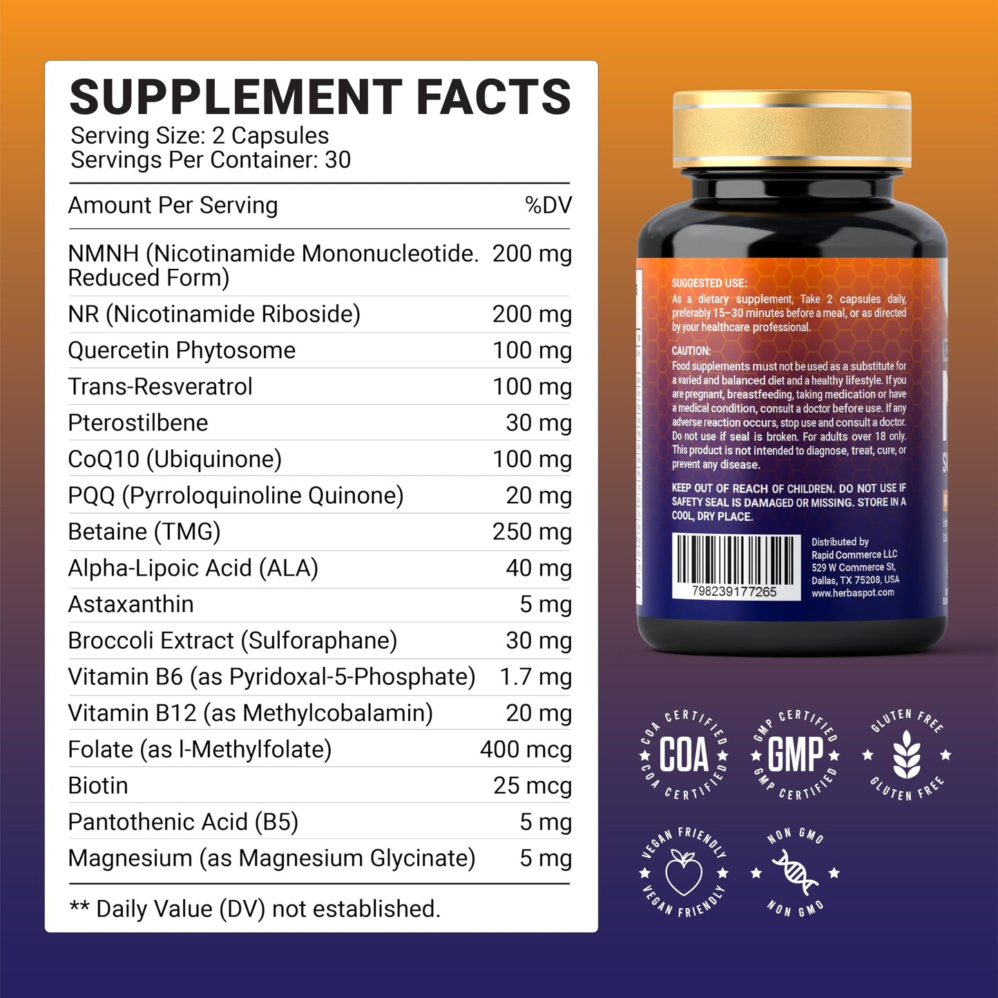 HerbaSpot NAD+ Supplement 1000mg with NMNH, Nicotinamide Riboside NR, Resveratrol & CoQ10 60 Capsules