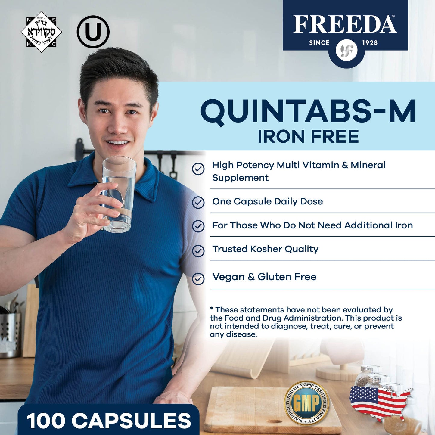 FREEDA One Daily Multivitamin Without Iron – Quintabs-M Iron-Free – Kosher, Balanced Multivitamin Supplements for Adults, Men & Women's Health Complete Multivitamins 100 Capsules