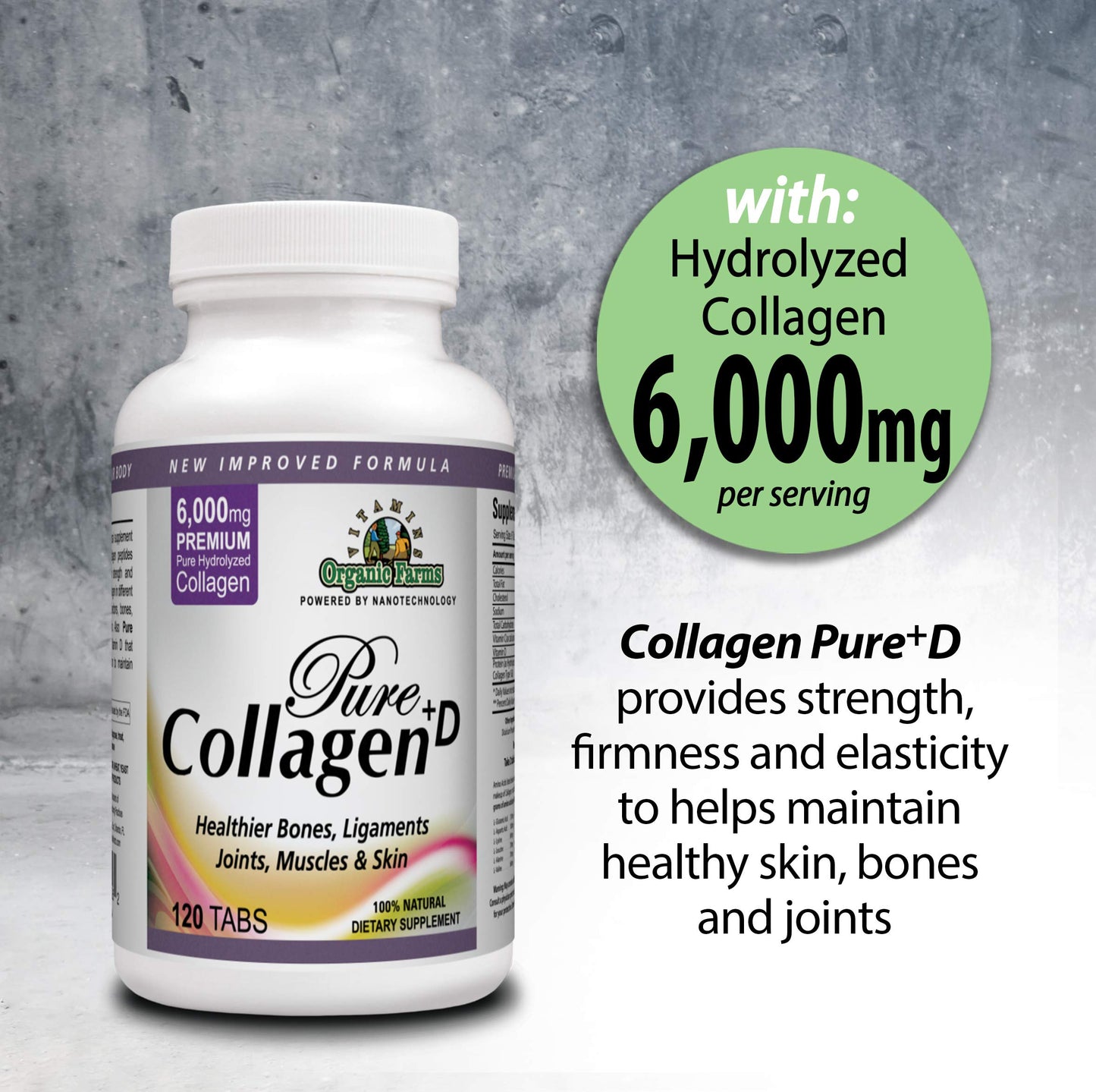 Organic Farms Vitamins Collagen Pure+D Premium Collagen Pills 6000mg Hydrolyzed Collagen Peptides Type I & III - 100% Natural Dietary Supplement, 120 Tablets