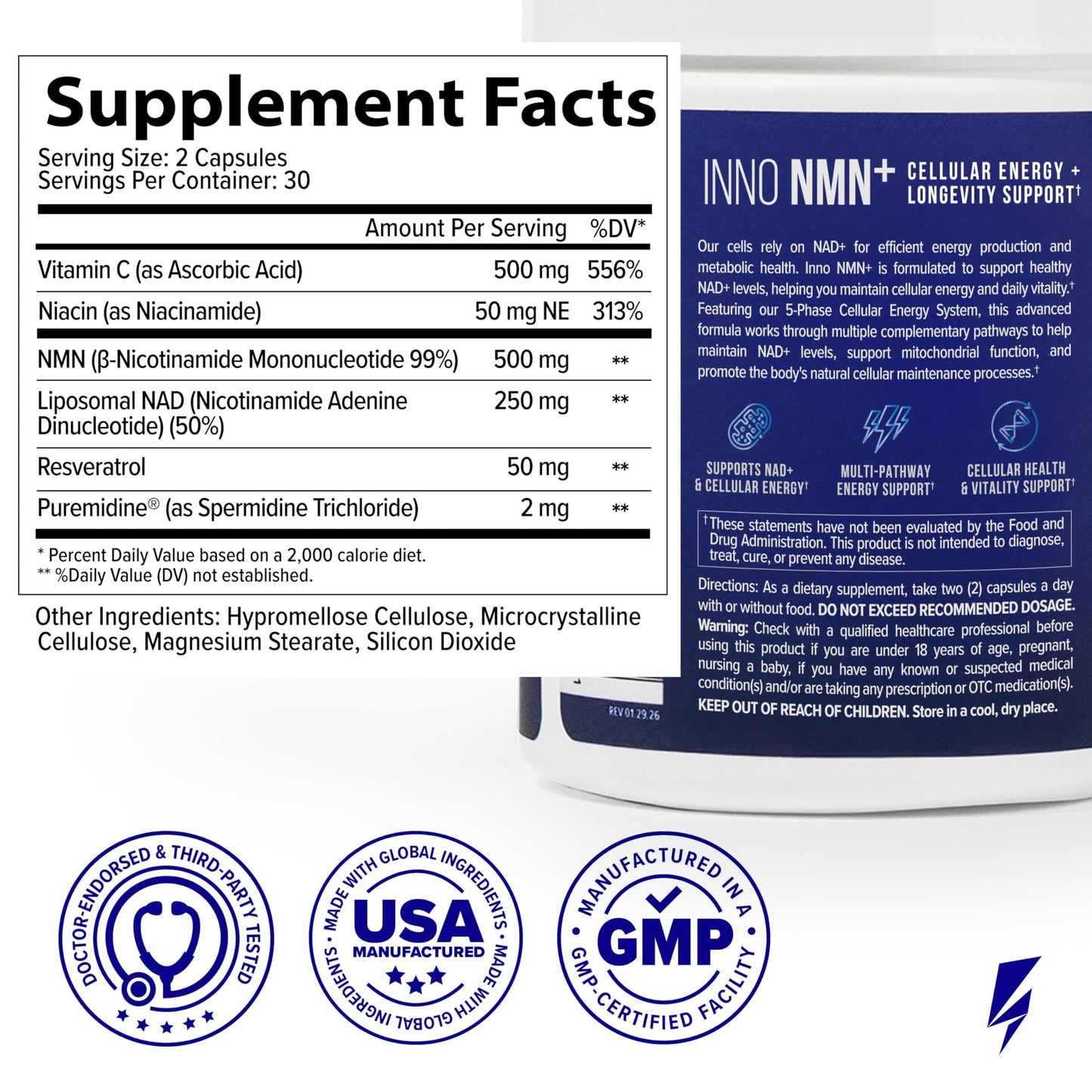InnoSupps Inno NMN+ Supplement 500mg with NAD+ for Brain Function, Anti Aging & Cell Regeneration, Supports Cellular Energy, Muscle & Heart Health, w/Resveratrol, Niacin, & Vitamin C - 60 Servings - 120 Capsules