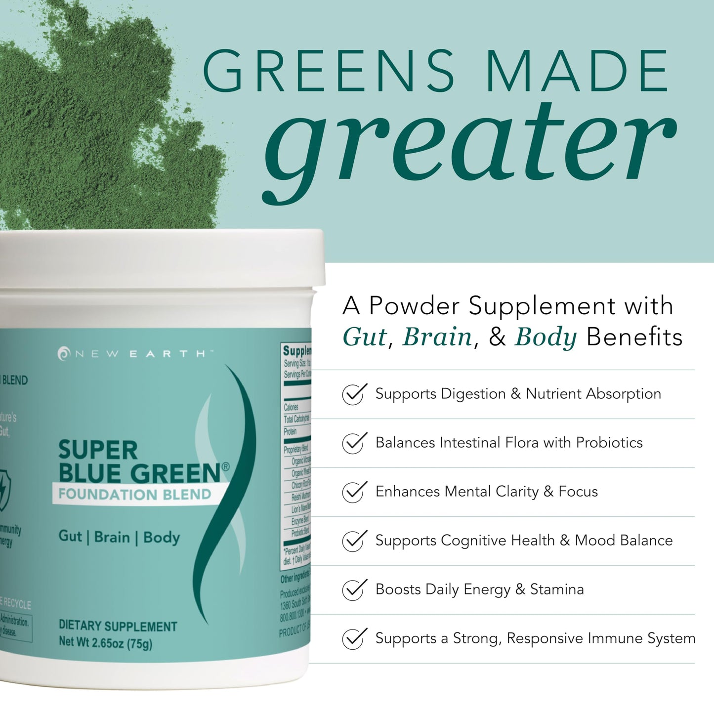 New Earth Super Blue Green Greens Made Greater Powder Supplement 2.65 Ounce