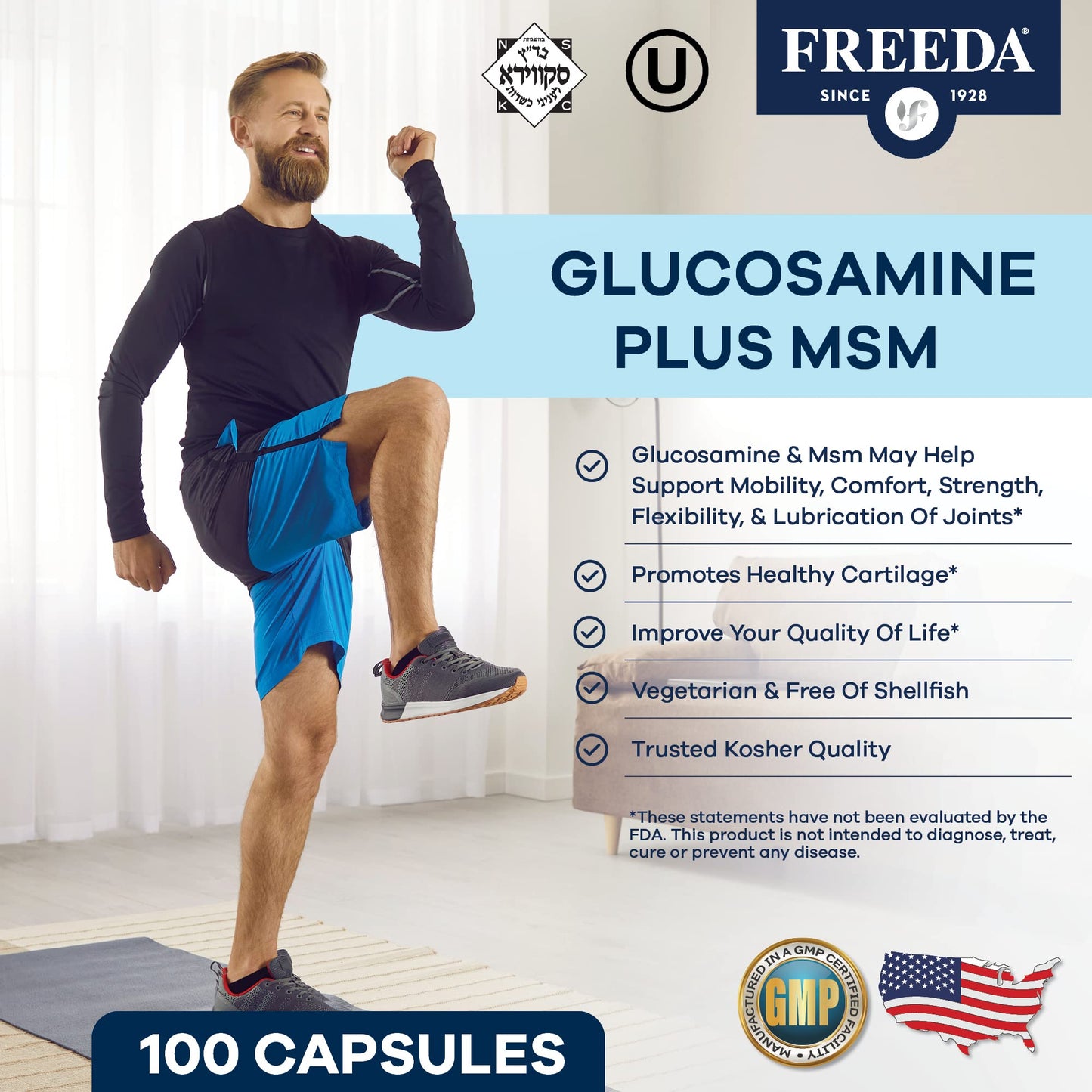 FREEDA Glucosamine MSM – Vegetarian Glucosamine HCl 1500 mg Without Shellfish + MSM 750 mg, 100 Capsules