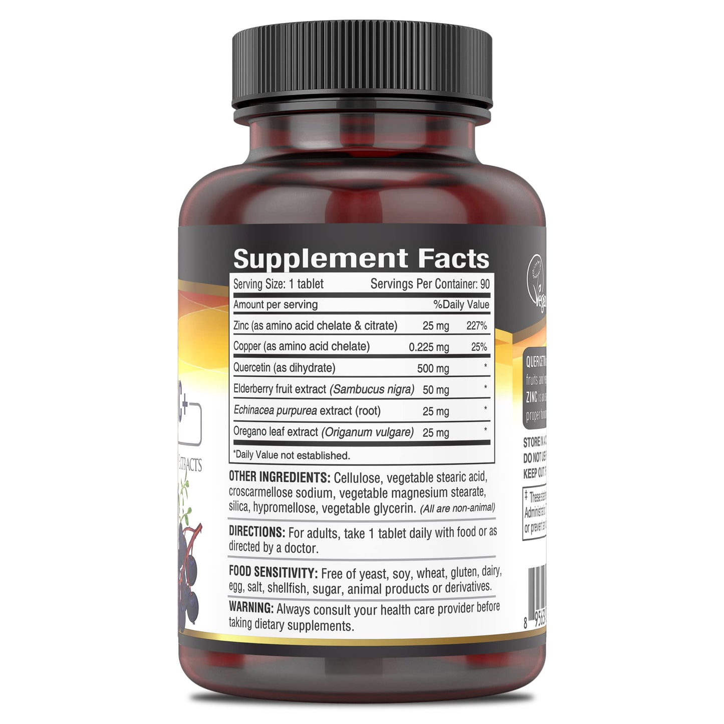DEVA Vegan Quercetin 500mg Plus 25mg Zinc with Elderberry, Echinacea and Oregano Extracts Tablets, 90 Count