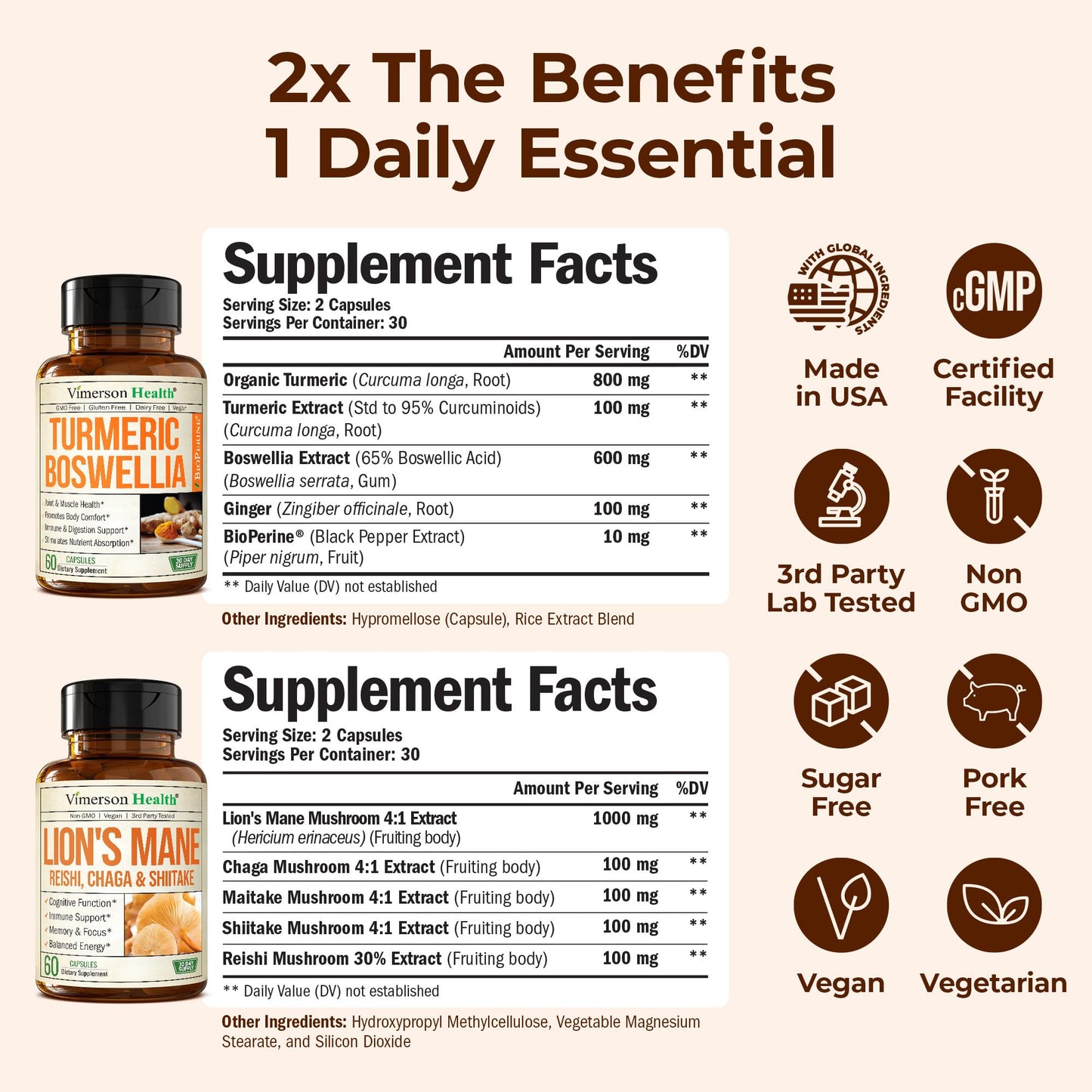 Vimerson Health Boswellia Turmeric Curcumin + Lions Mane Supplement, 120 Capsules