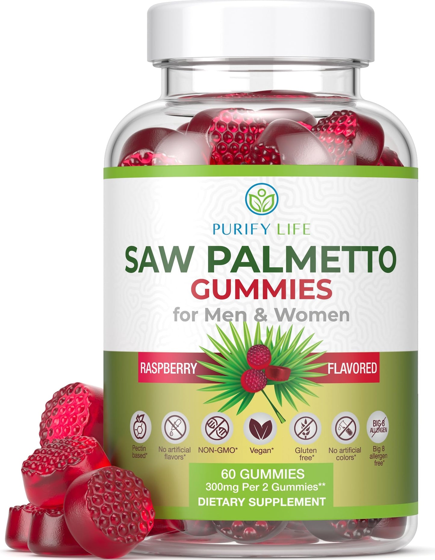 Purify Life Saw Palmetto Gummies for Men & Women - Saw Palmetto Extract Supplement for Hair Appearance, Hormone Balance & Prostate Wellness - Vegan Pectin Formula, Non-GMO, Gluten Free - 60 Count