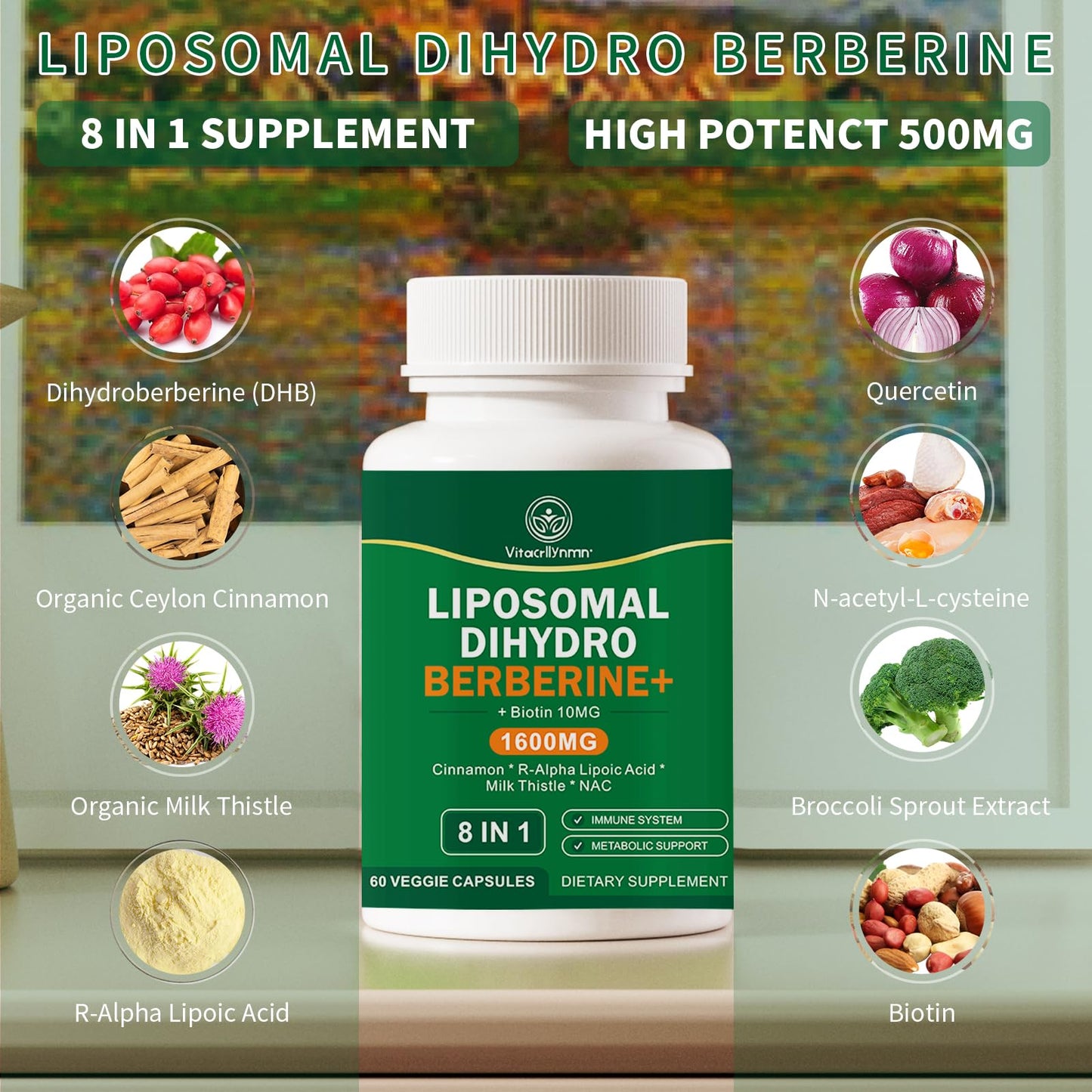 VITACRLLYNMN Dihydroberberine Supplement 1600MG Super Berberine and Dihydroberberine with Cinnamon 8 in 1 Supplement 180 Capsules