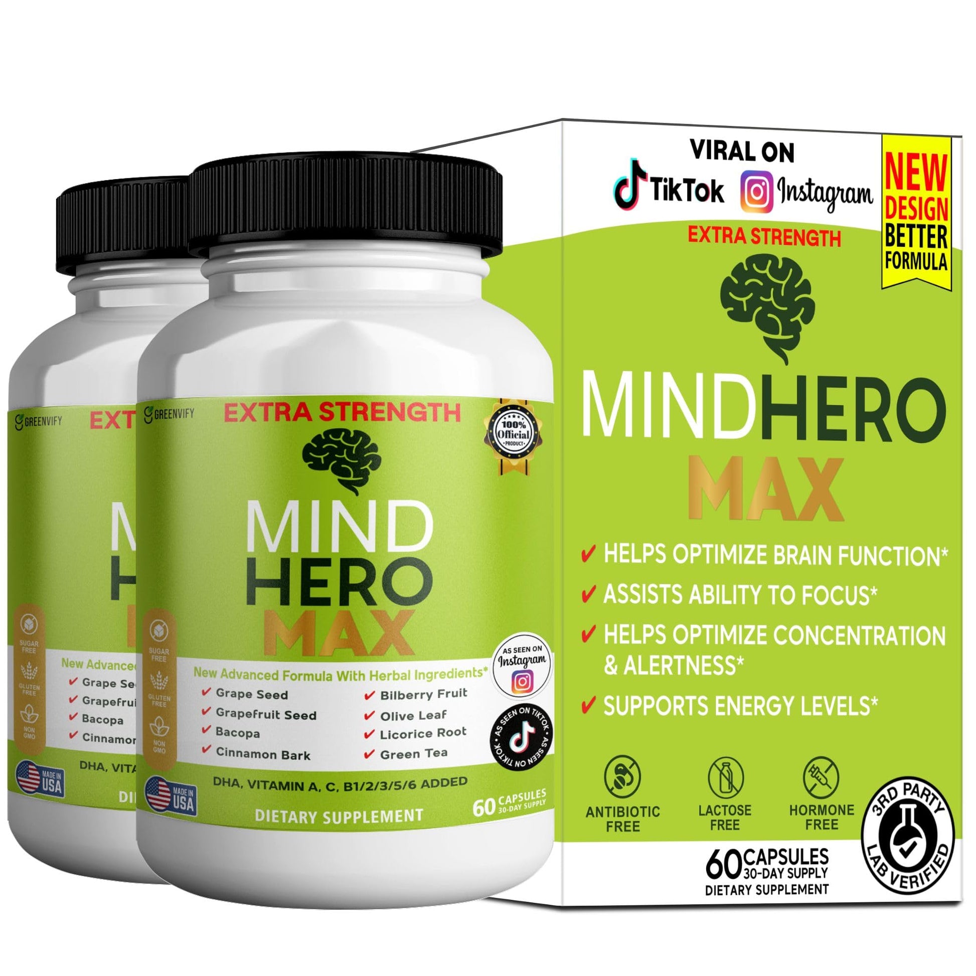 GREENVIFY Mind Hero Max Extra Strength Nootropic Supplement with Herbal Ingredients, DHA, Vitamins, Bacopa, Green Tea, Grape Seed Extract Capsules, 60 Count