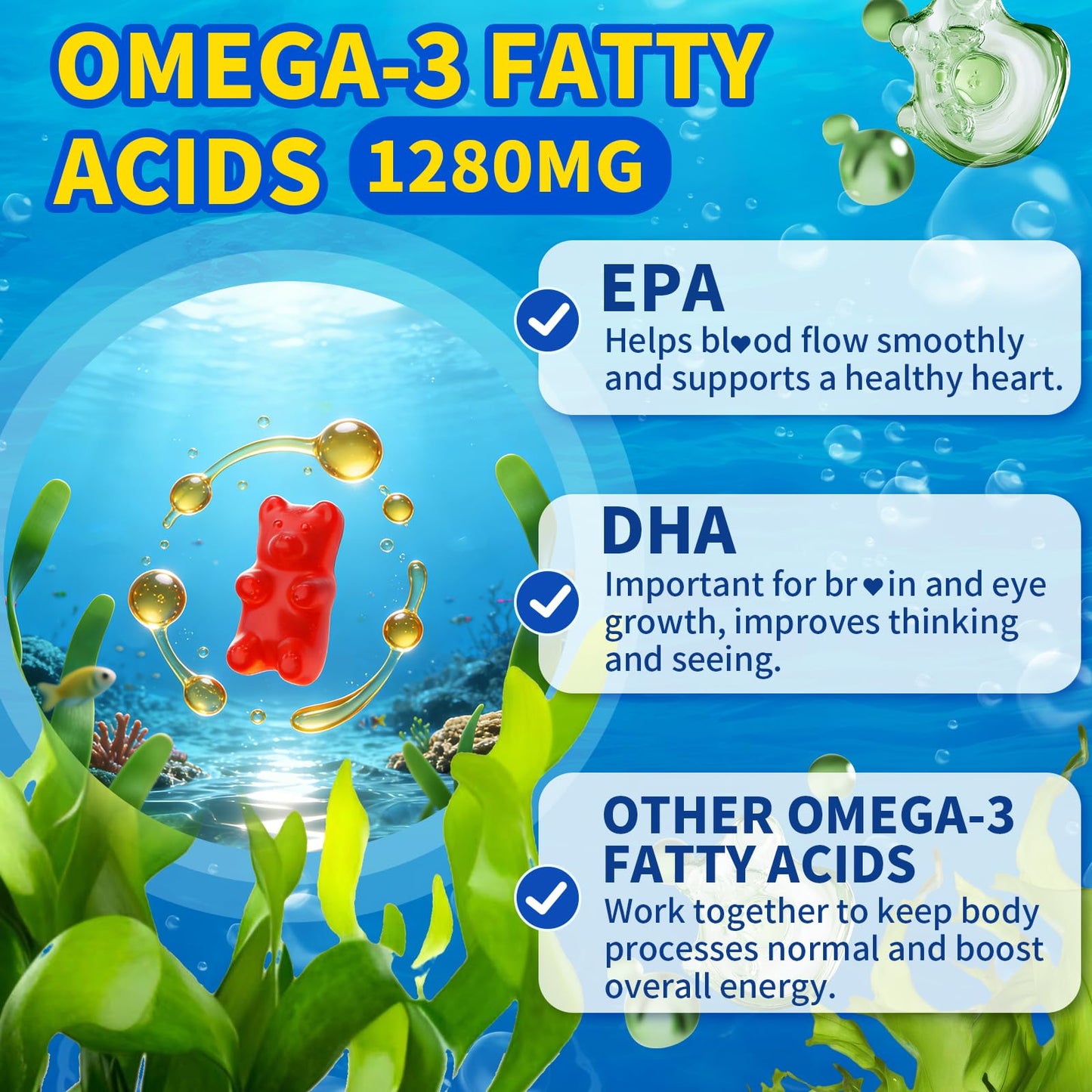 HUUAYAO Vegan Omega-3 Gummies 1280mg Gummy 120 Count