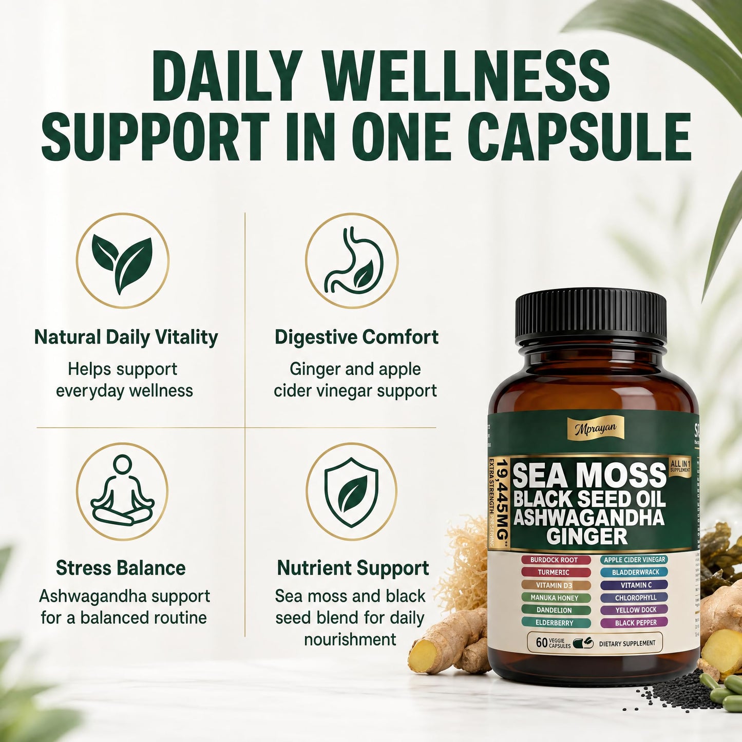 MPRAYAN Sea Moss Black Seed Oil Ashwagandha Capsules 10:1 Extract Blend, 60 Capsules