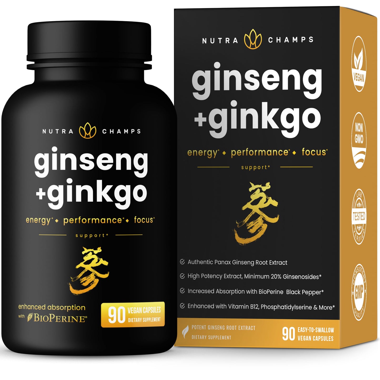 NutraChamps Korean Red Panax Ginseng Capsules with Ginkgo Biloba Extra Strength 20% Ginsenosides for Energy, Focus, Vitality & Immune Support Ginseng Root Extract Supplement for Men 90 Capsules
