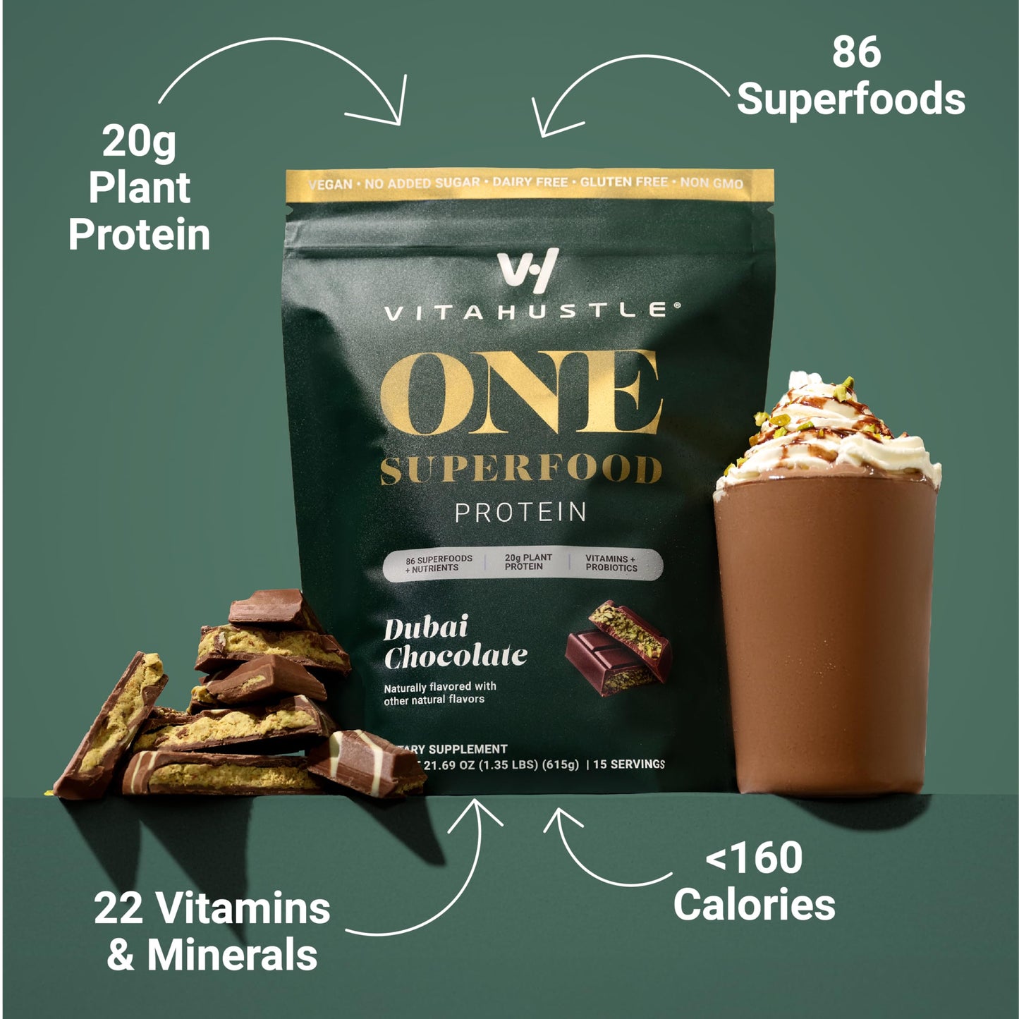 VitaHustle ONE Vegan Dubai Chocolate Protein Powder 24 Ounce