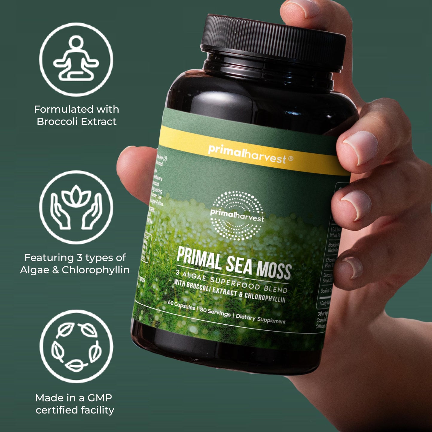 Primal Harvest Sea Moss Capsules with Bladderwack and Irish Sea Moss, Chlorella, Broccoli Seed Extract, 60 Capsules