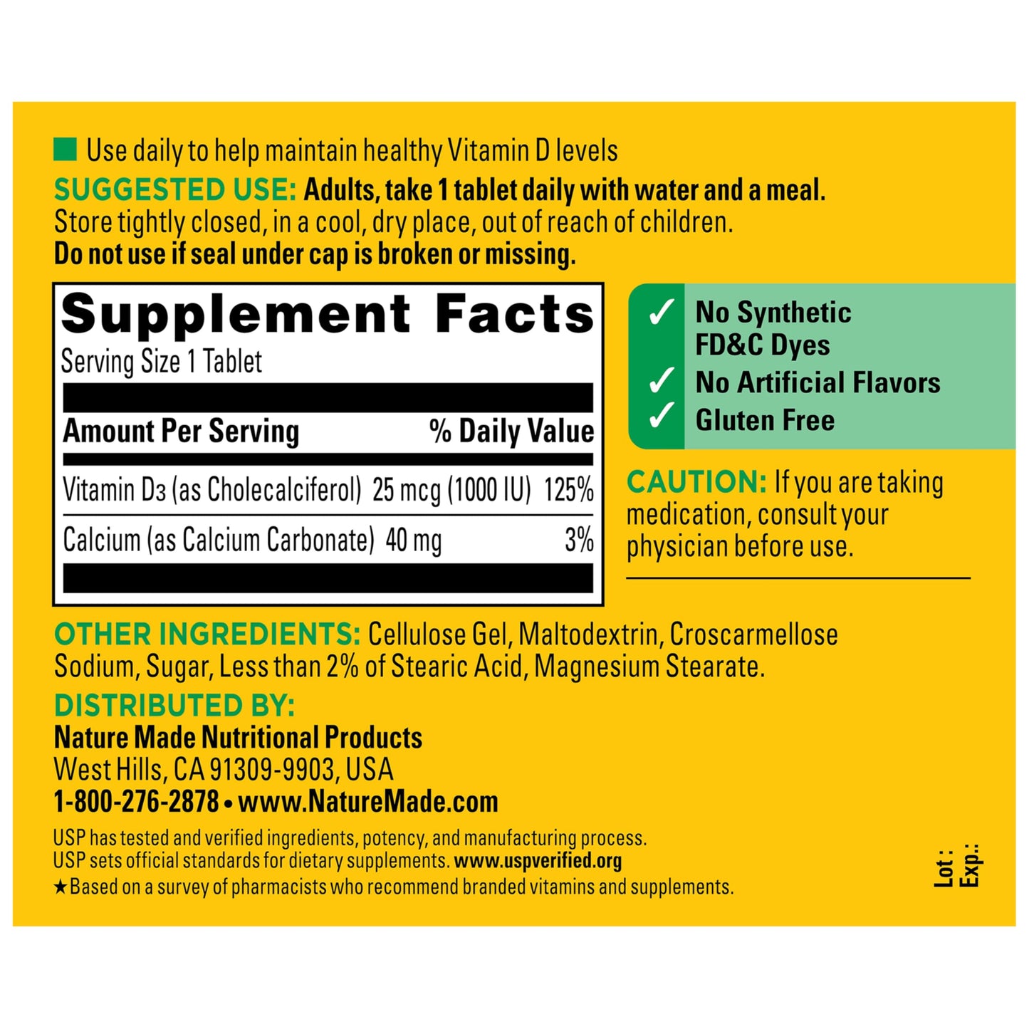 Nature Made Vitamin D3 1000 IU (25 mcg) Tablet, 300 Tablets
