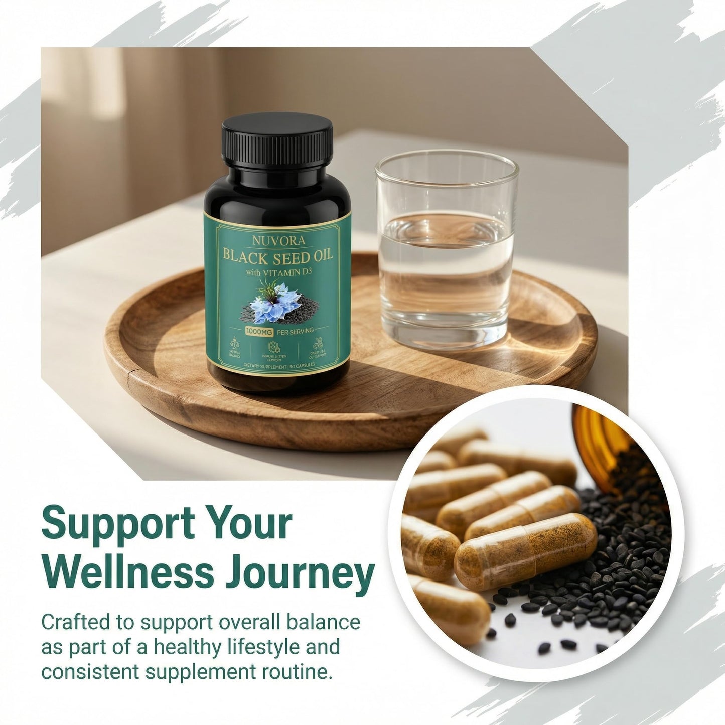 KBKTWOLT Nuvora Black Seed Oil Capsules 1000mg with Turmeric & Black Pepper Extract, Standardized 5% Thymoquinone for Daily Balance & Immune Support, Non-GMO, Gluten-Free 90 Capsules
