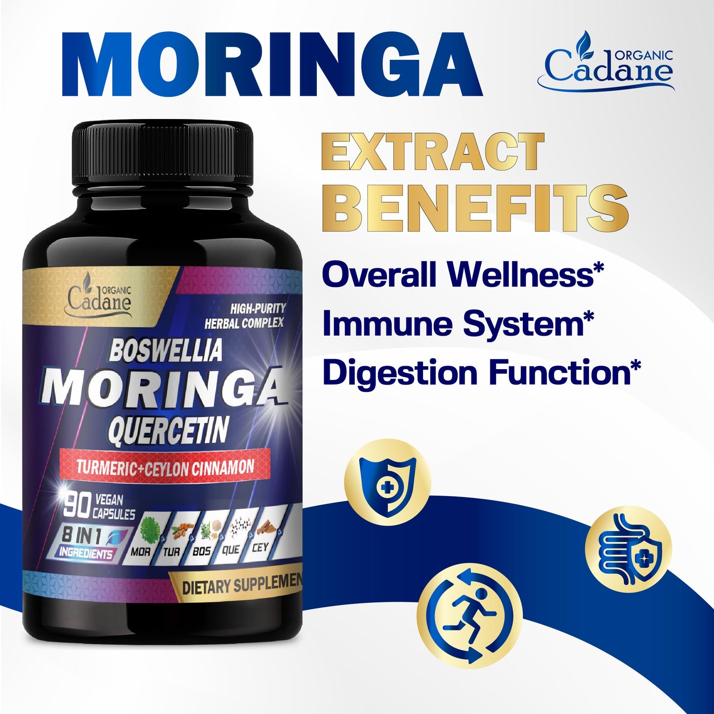 Organic Cadane Moringa Leaf with Turmeric, Boswellia, Quercetin, Ceylon Cinnamon, Holy Basil, Ginger, and Black Pepper 90 Capsules