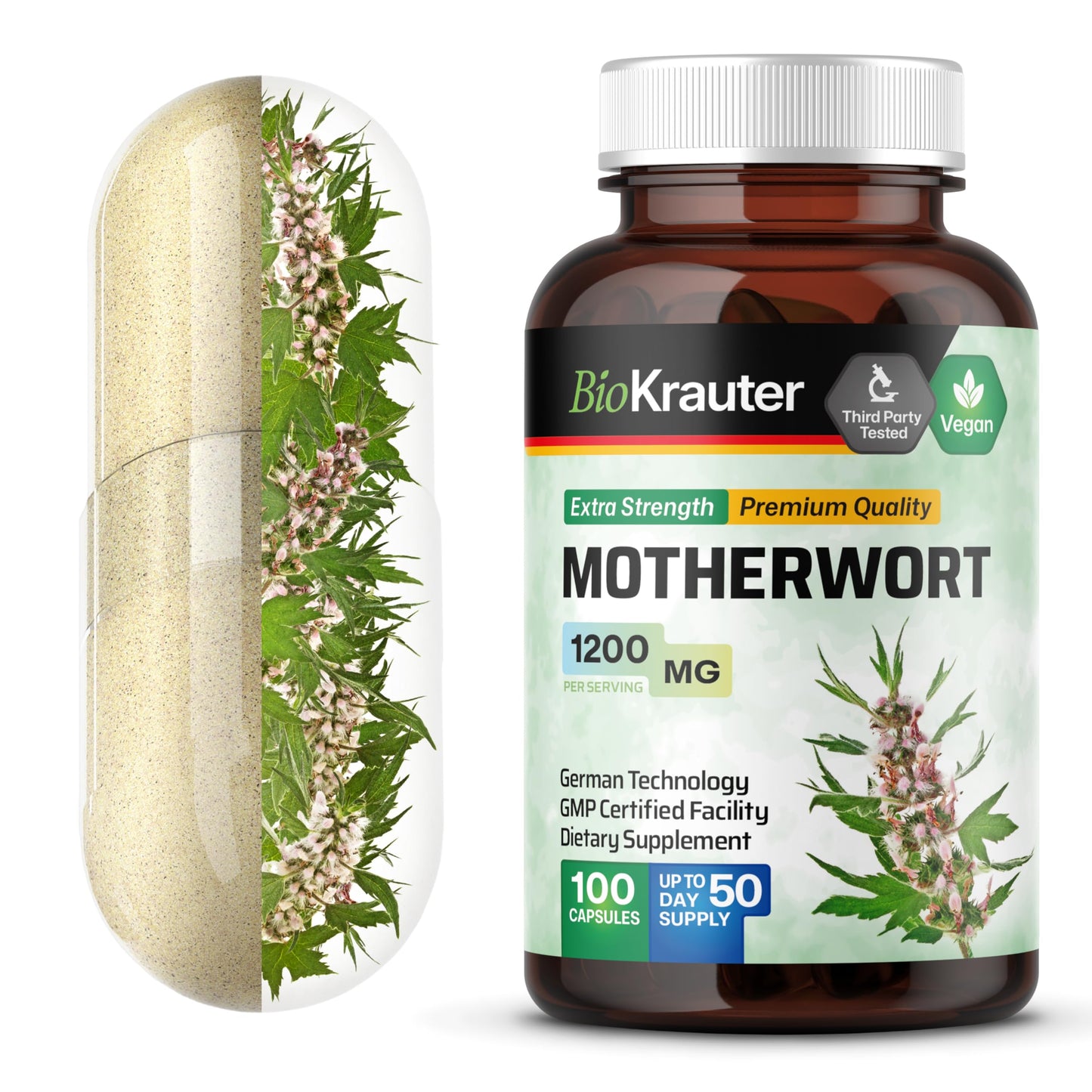 BIO KRAUTER Perimenopause & Menopause Supplements for Women Vegan Motherwort Capsules 1200 mg/Serving, 100 Capsules