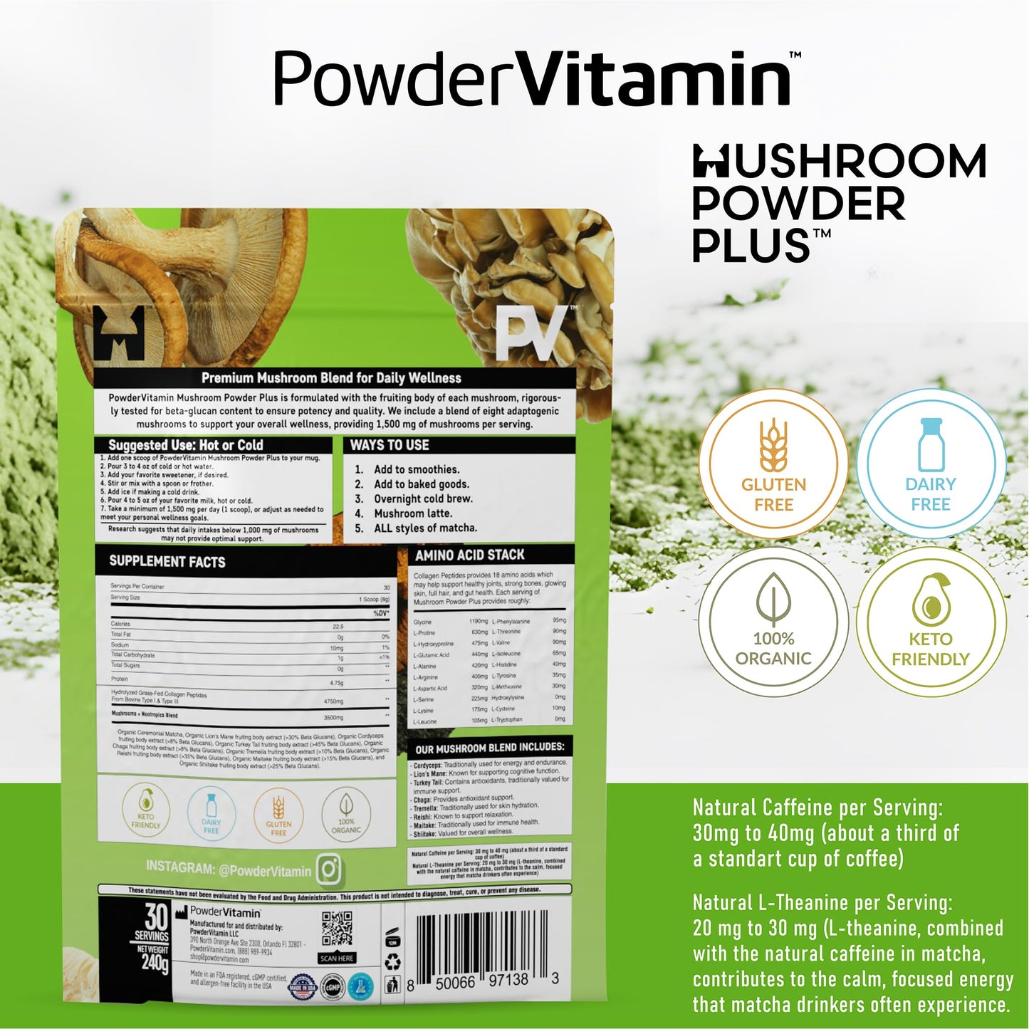 PowderVitamin Organic Ceremonial Mushroom Matcha Collagen Types I & III Powder 8.5 oz