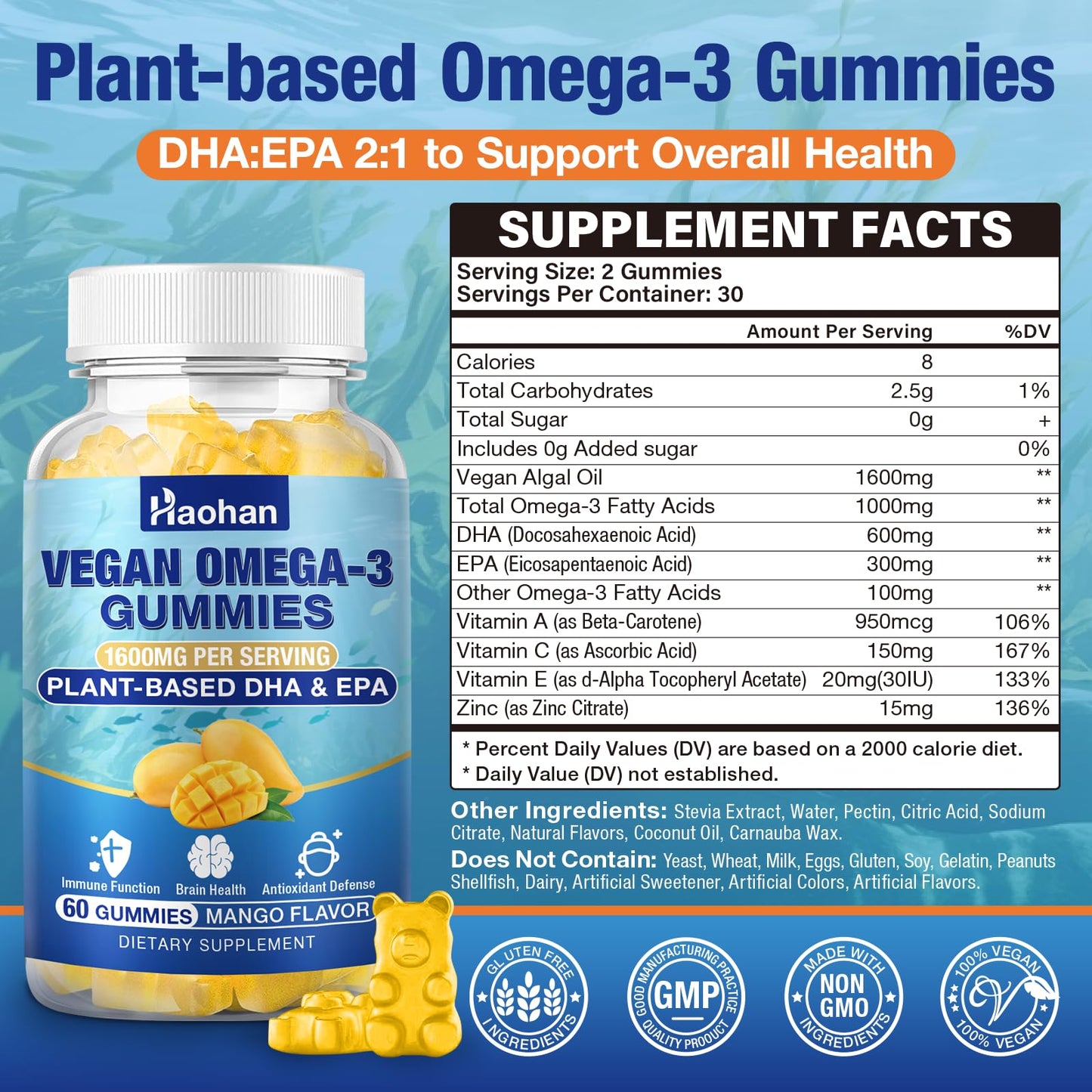 Haohan Omega-3 Gummies for Adults, Orange Flavor – Sugar-Free, Algae-Derived DHA 600mg & EPA 300mg, with Vitamins A, C, E, Zinc, 120 Gummies