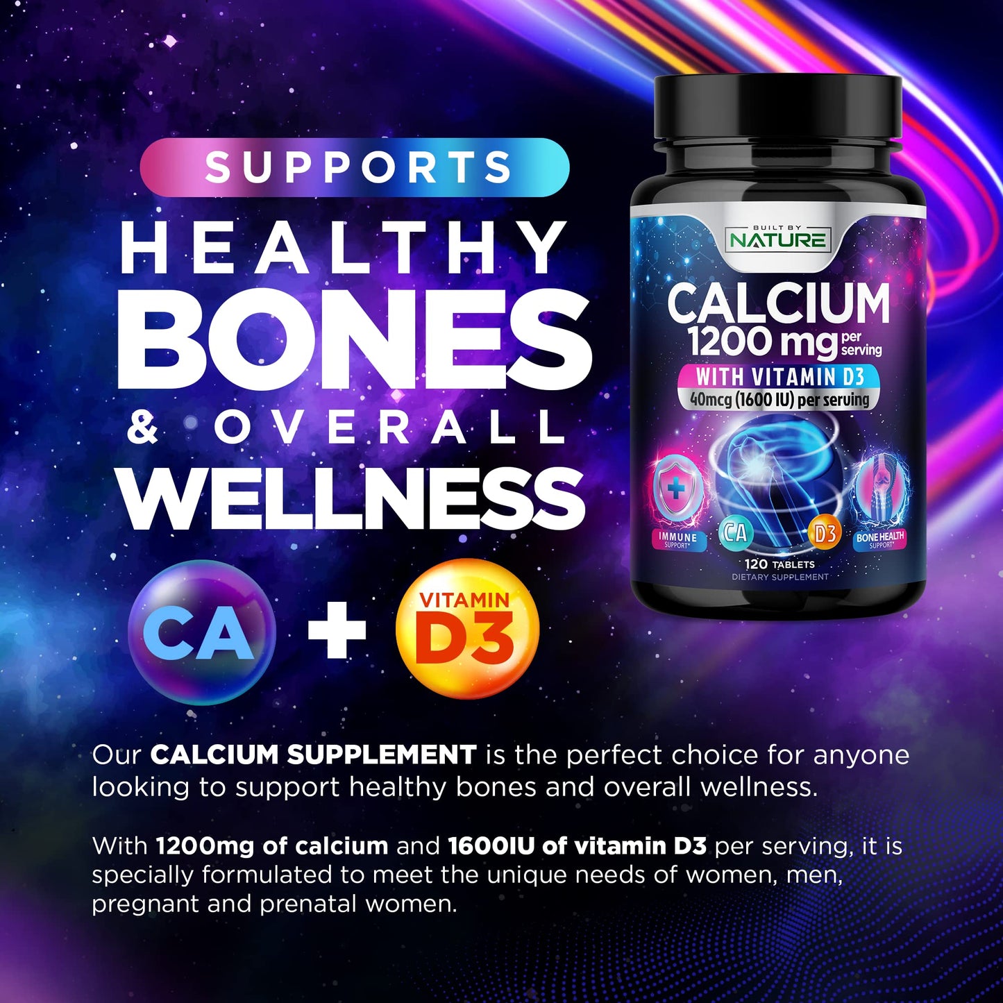 Built by Nature Calcium 1200mg with Vitamin D3 for Best Absorption, 120 Tablets