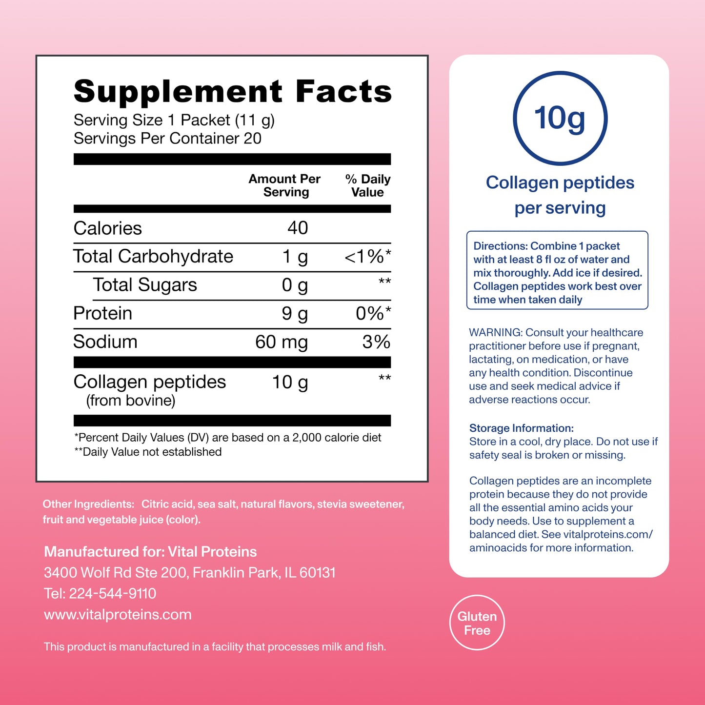 Vital Proteins Collagen Peptides Powder, Strawberry Lemonade Flavor, 12 Count