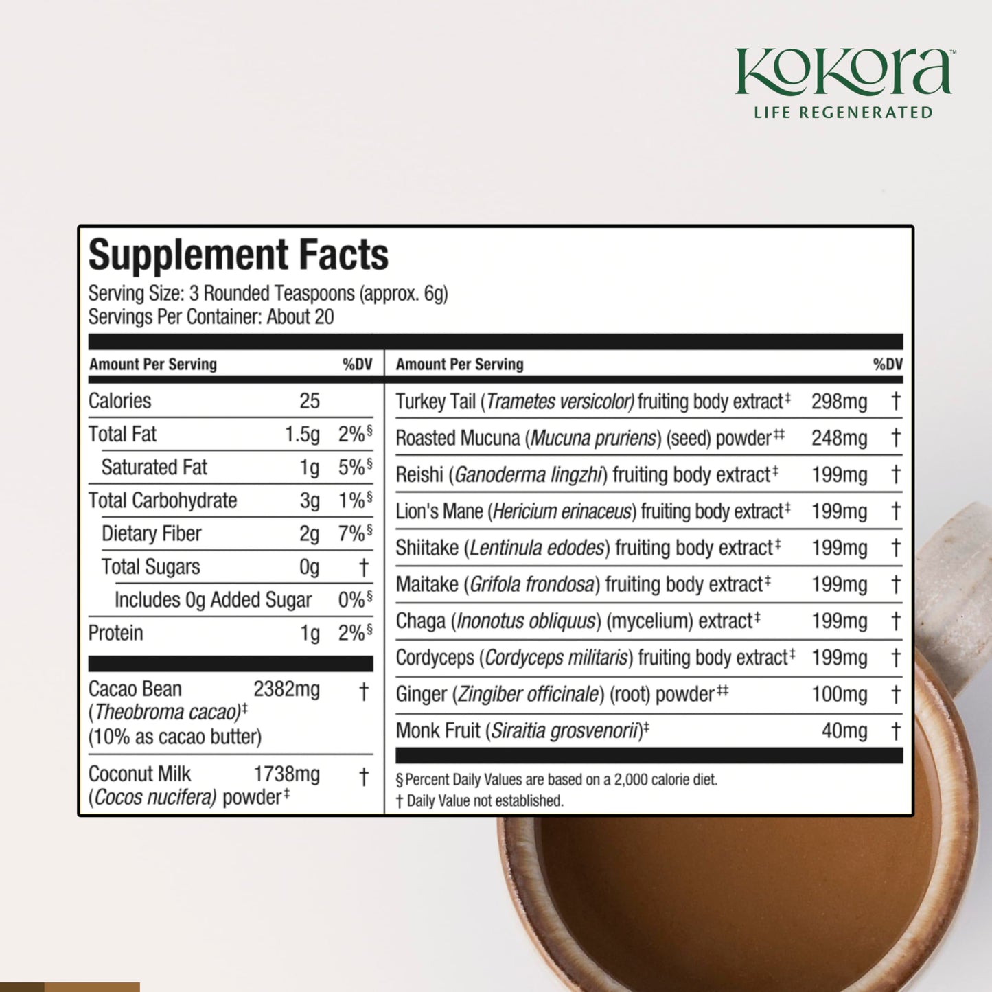 kokora 7 Mushroom Mocha Powder, 20 Servings