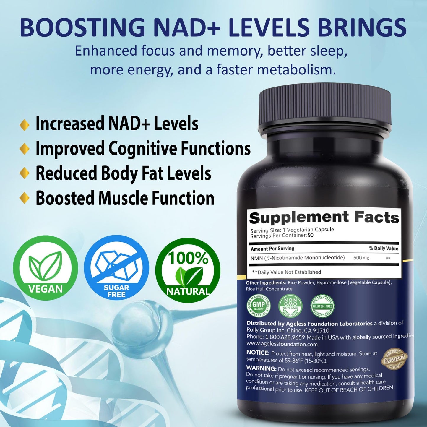 Ageless Foundation Laboratories NMN Supplement 500mg Capsule, 90 Capsules
