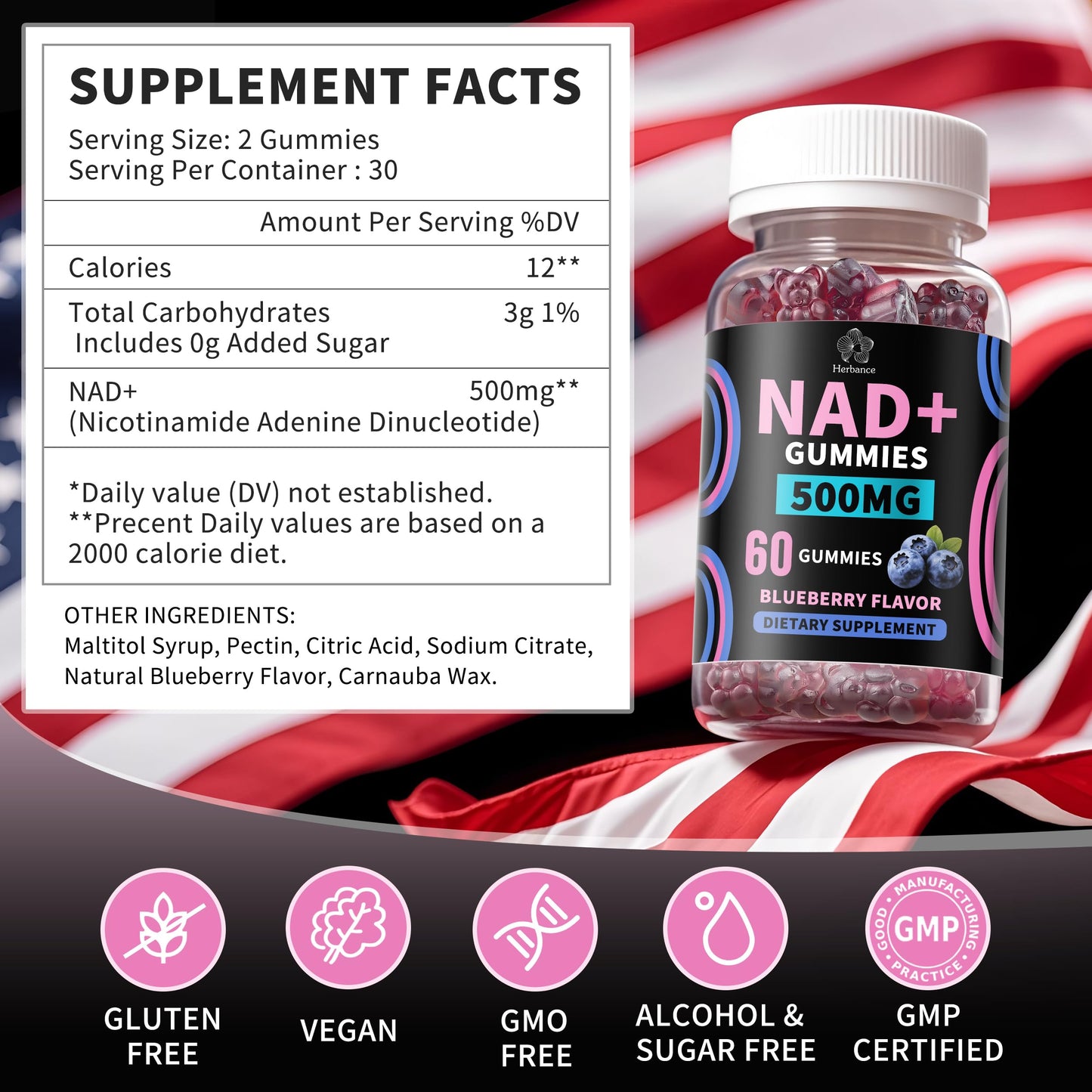 Herbance NAD+ Gummies, Liposomal NAD Plus Supplement, 500mg NAD+, 60 Gummies