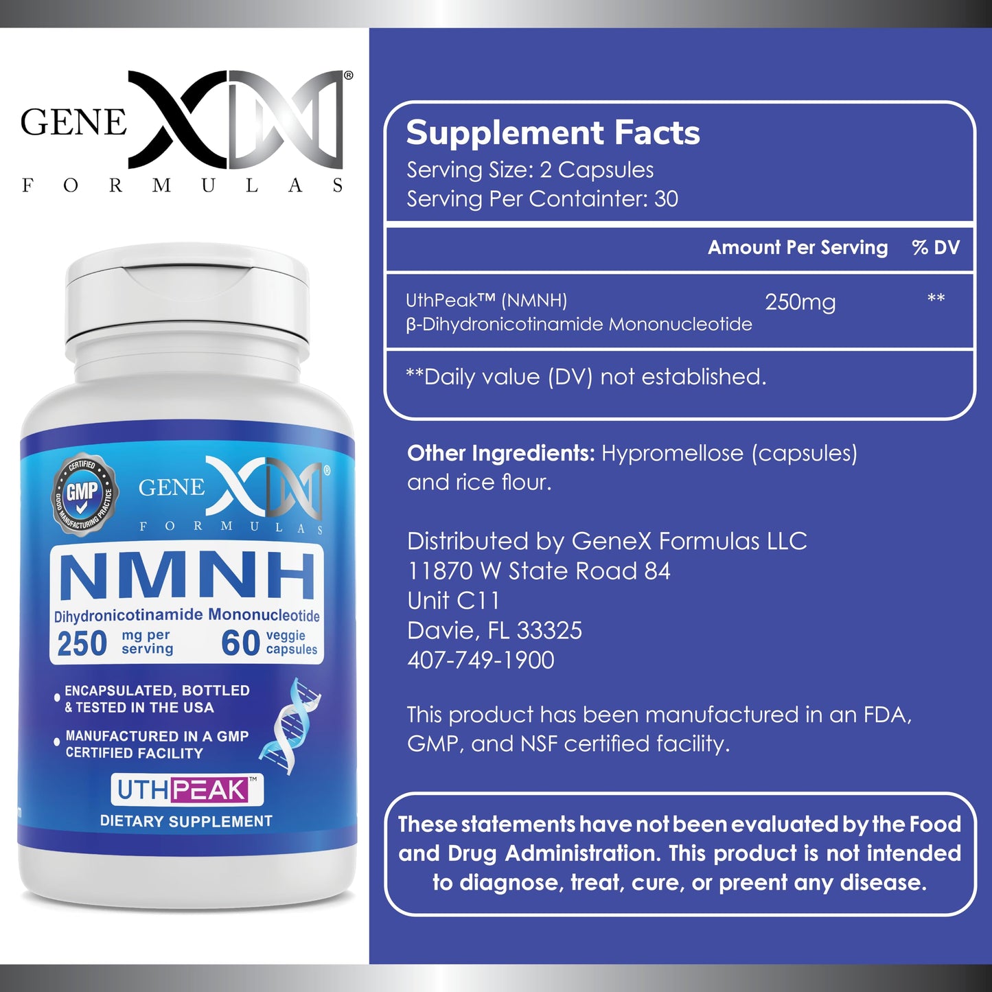 Genex Formulas NMNH 250mg NAD+ Precursor Capsules 60 Count