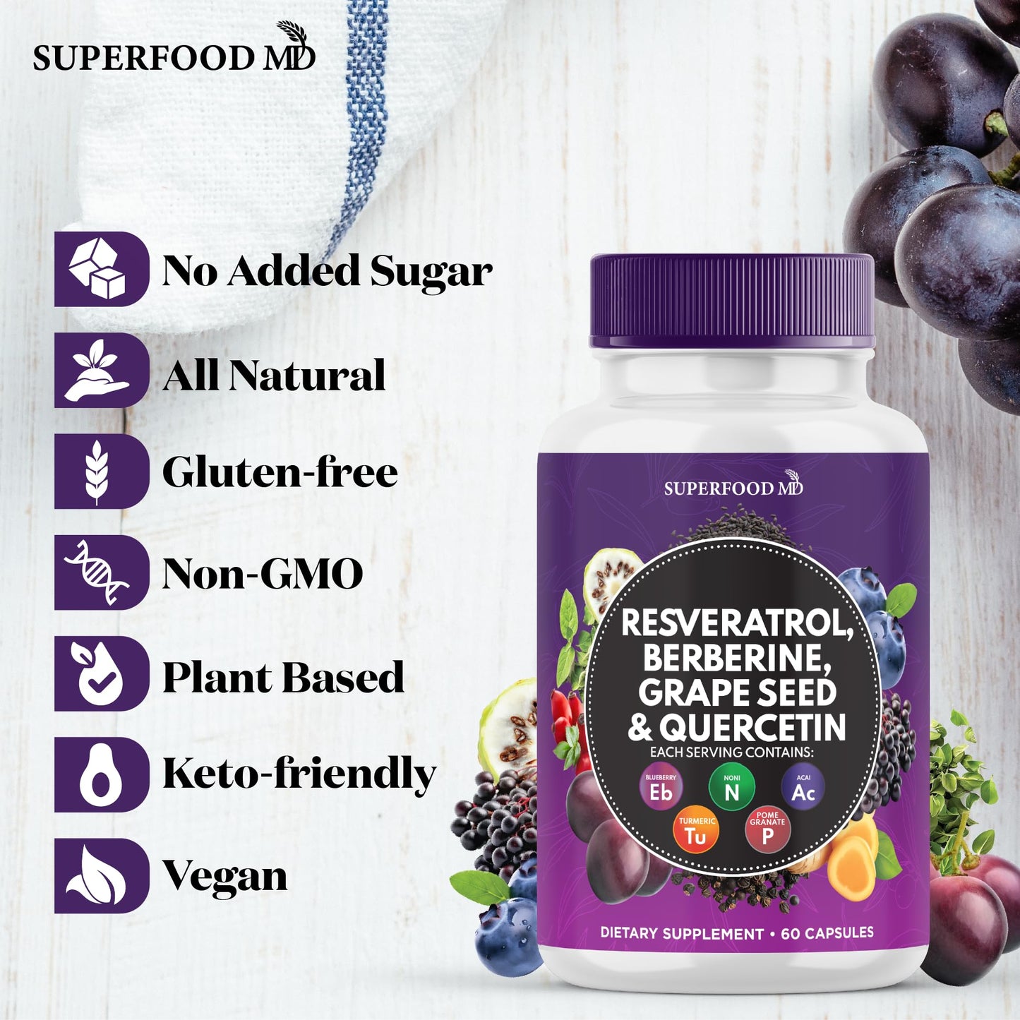 Superfood MD Resveratrol Berberine Grape Seed Extract Quercetin Polyphenol Capsule, 60 Capsules