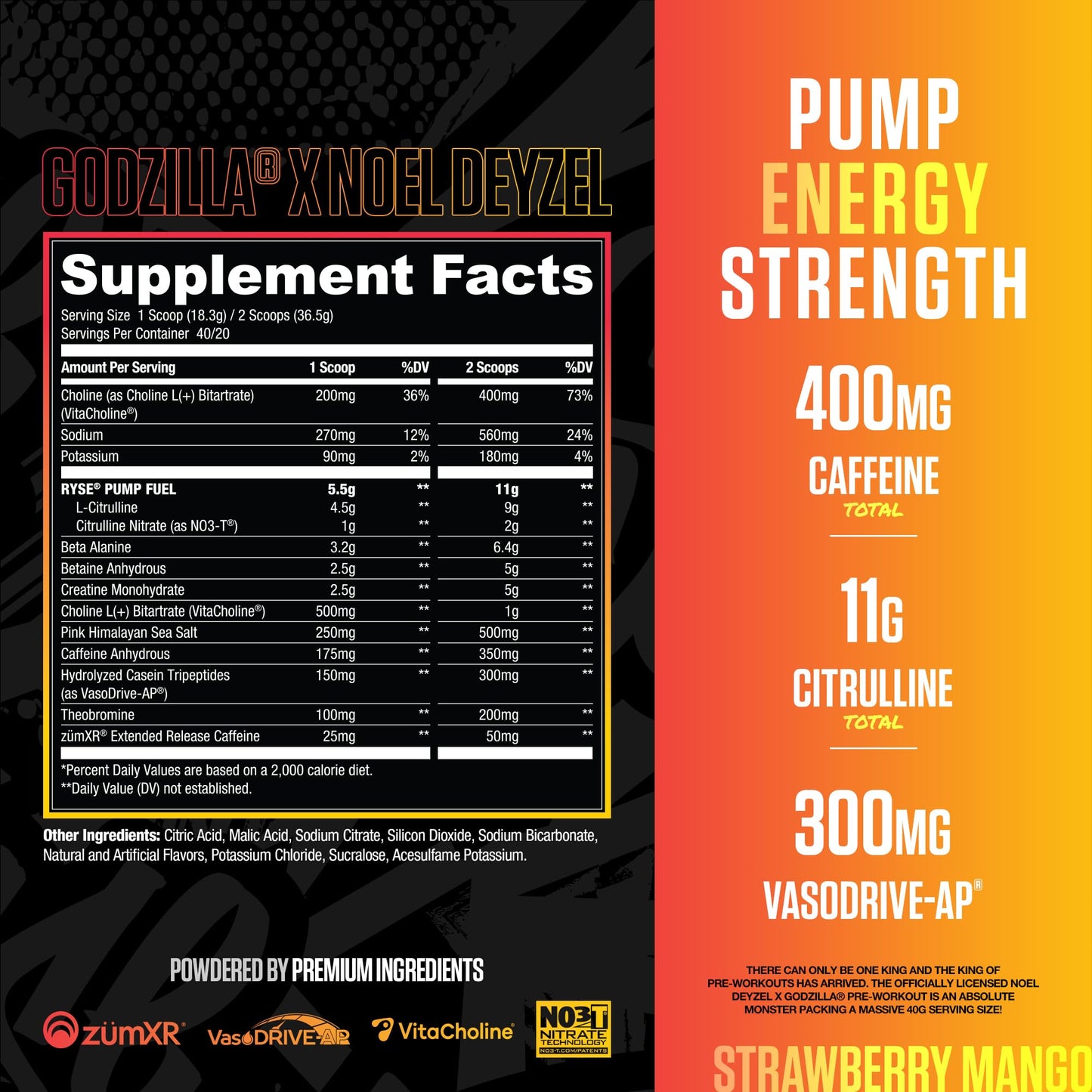 RYSE Up Supplements Godzilla X Noel Deyzel Pre Workout Powder, Strawberry Mango, 400mg Caffeine, 1.6 lb