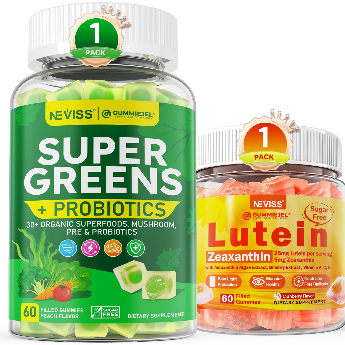 NEVISS Super Greens Gummies and Lutein Gummies, 120 Count