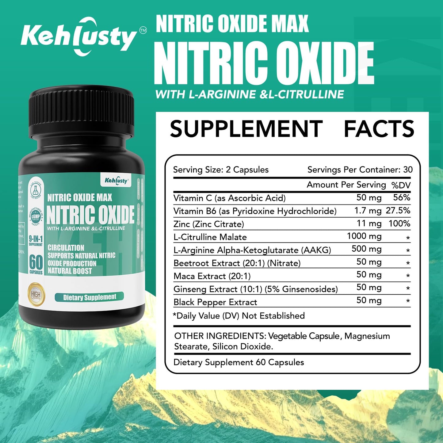 KEHLUSTY Nitric Oxide Booster Capsule, 60 Capsules