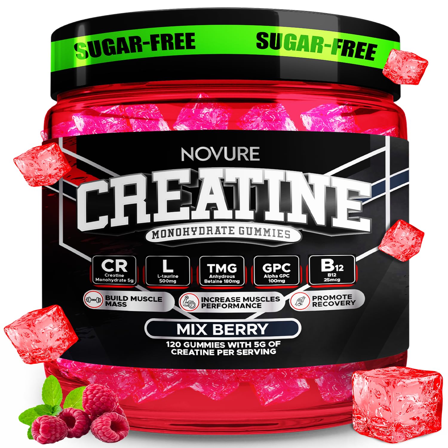 Novure Creatine Monohydrate Gummies 5000mg – Advanced Muscle & Focus Blend with Alpha GPC, B12 & Taurine – Vegan, Sugar-Free, Blueberry & Raspberry Flavors – Made in USA, 120 Gummies