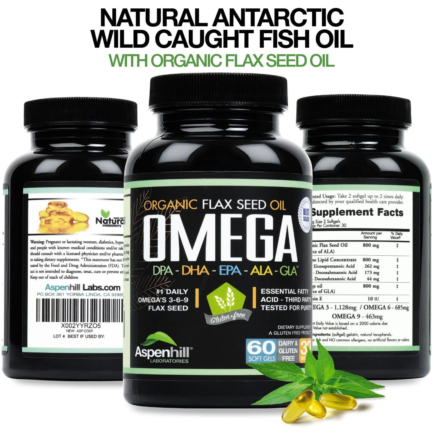 Aspenhill Laboratories Wild Caught Antarctic Omega-3 Fish Oil Super Blend with DPA, EPA, DHA, ALA and GLA with Added Organic Flax Seed Oil Softgels, 60 Count