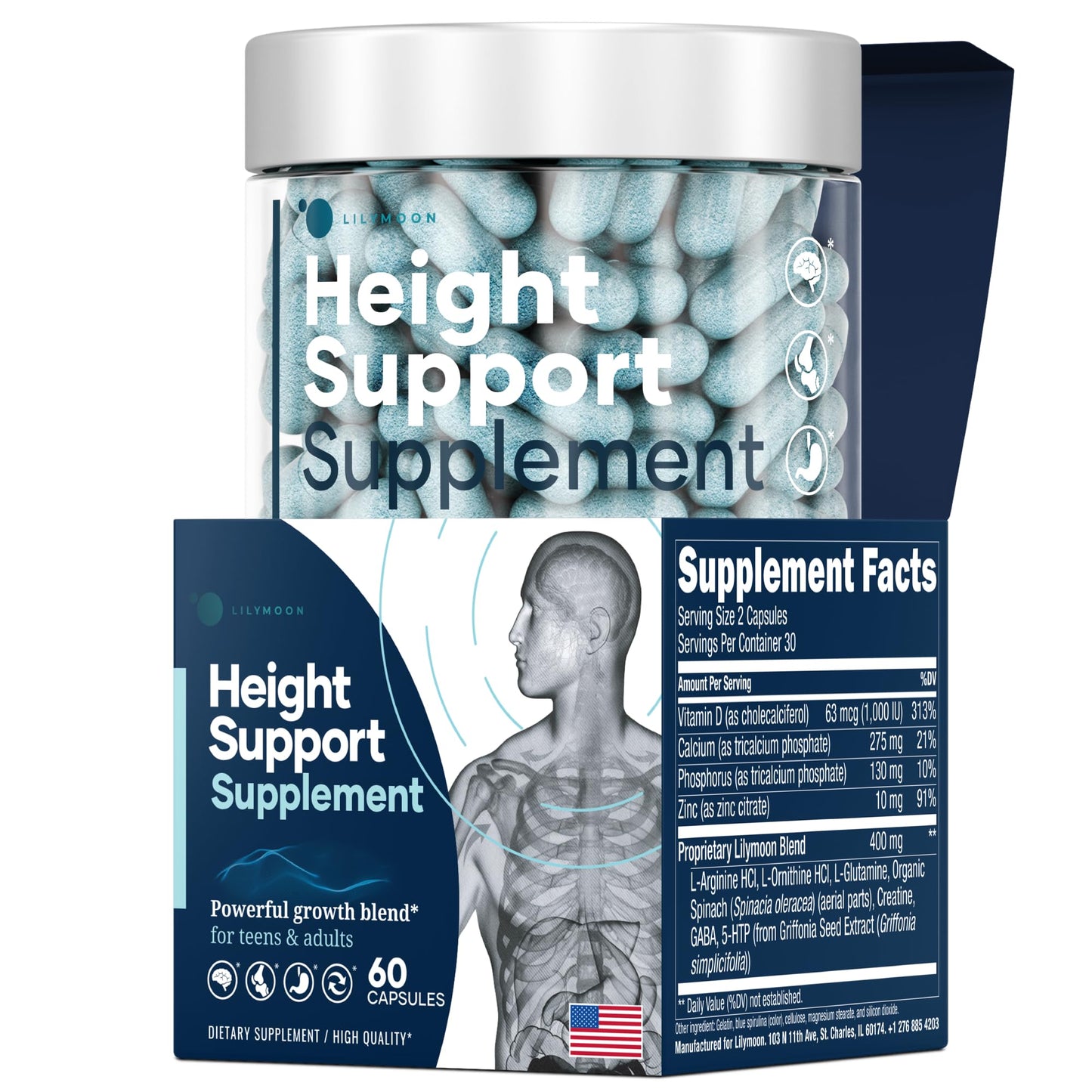 LM LILYNUTRAMOON Height & Bone Support Supplement for Kids & Teens with Calcium, 60 Capsules
