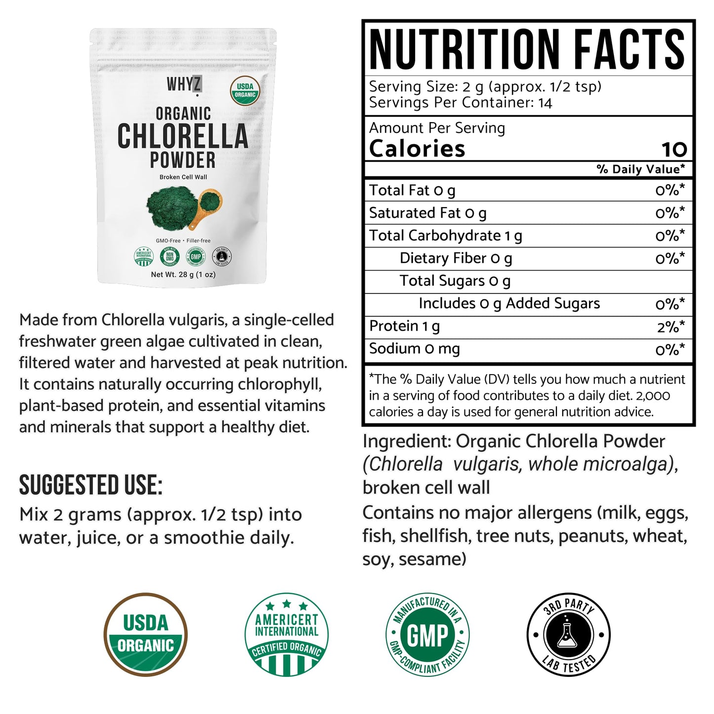 WHYZ Organic Chlorella Powder, 1 Ounce