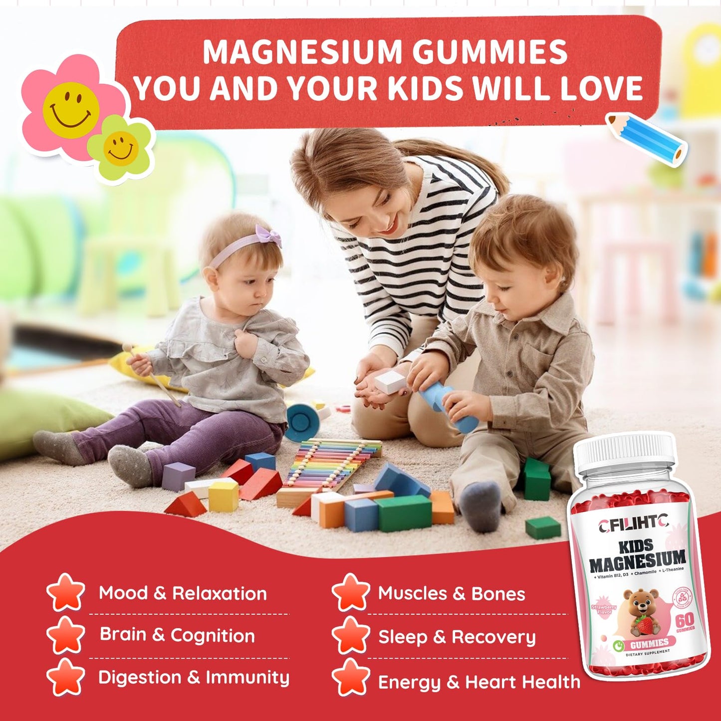 CFILIHTC Magnesium Glycinate Gummies for Kids and Adults, 60 Count