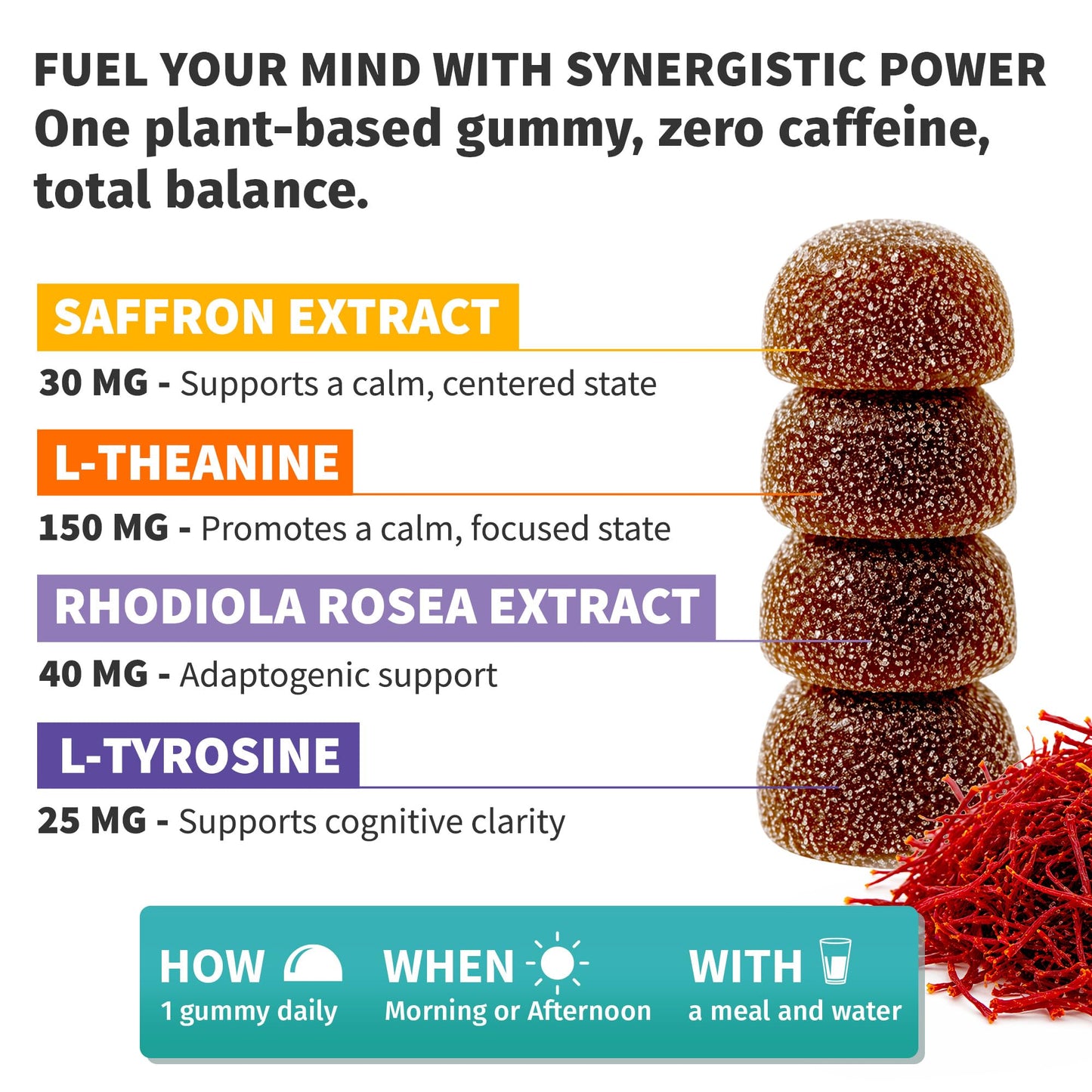 NUSAVA 4-in-1 Saffron Gummies with Rhodiola Rosea, L-Theanine & L-Tyrosine Mood Support, 30 Gummies