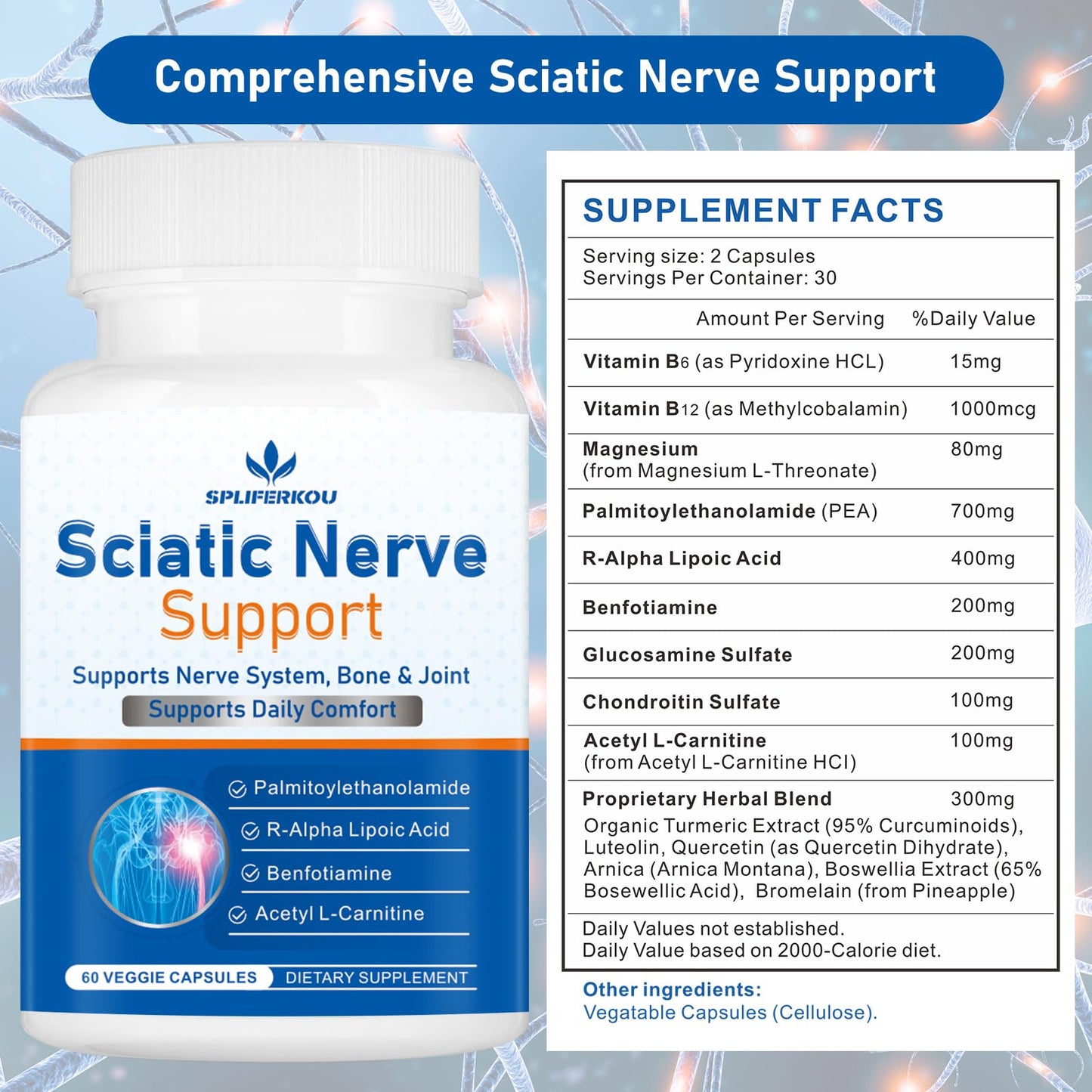 Spliferkou Sciatic Nerve Support Supplement, Advanced Sciatic Nerve Support Formula with Pea, Alpha Lipoic Acid, Benfotiamine Capsules, 60 Count