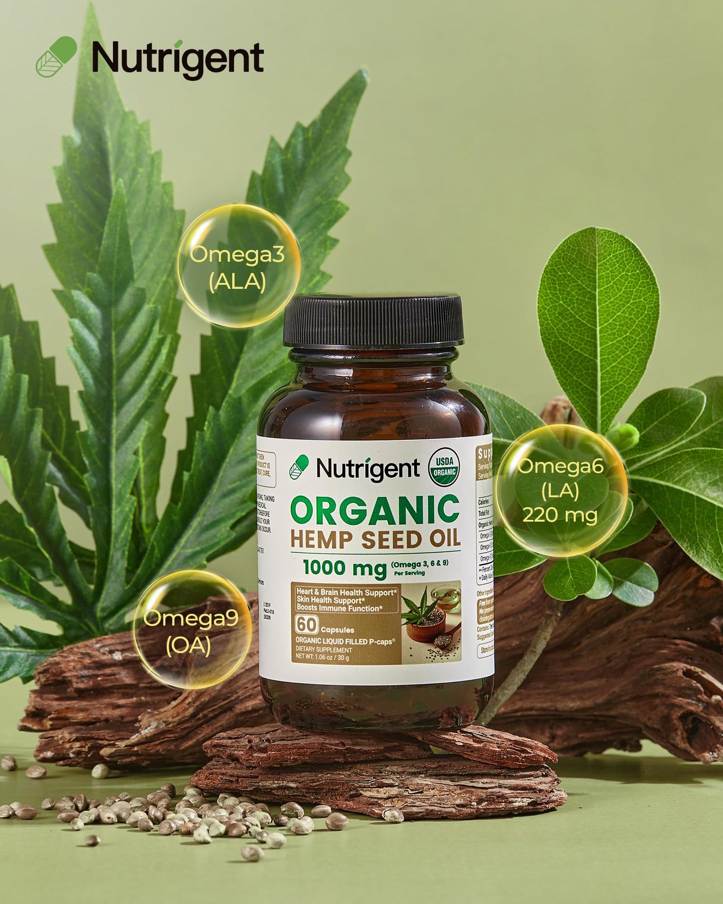 Nutrigent USDA Organic Hemp Seed Oil 1000 mg, Cold Pressed & 100% Pure, Plant-Based Omega 3-6-9 for Heart, Joint, Relaxation & Emotional Wellness, 60 Capsules