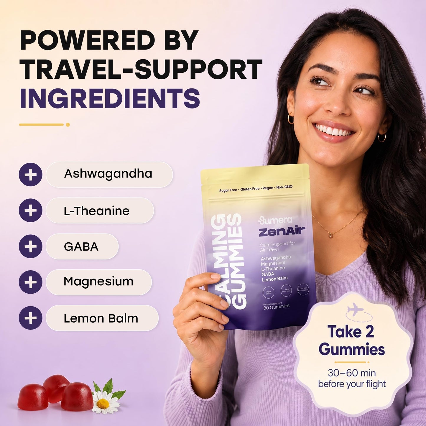Sumera Calming Travel Gummies Jet Lag Relief, GABA, L-Theanine, Ashwagandha, Lemon Balm & Magnesium, Sugar Free, 30 Gummies