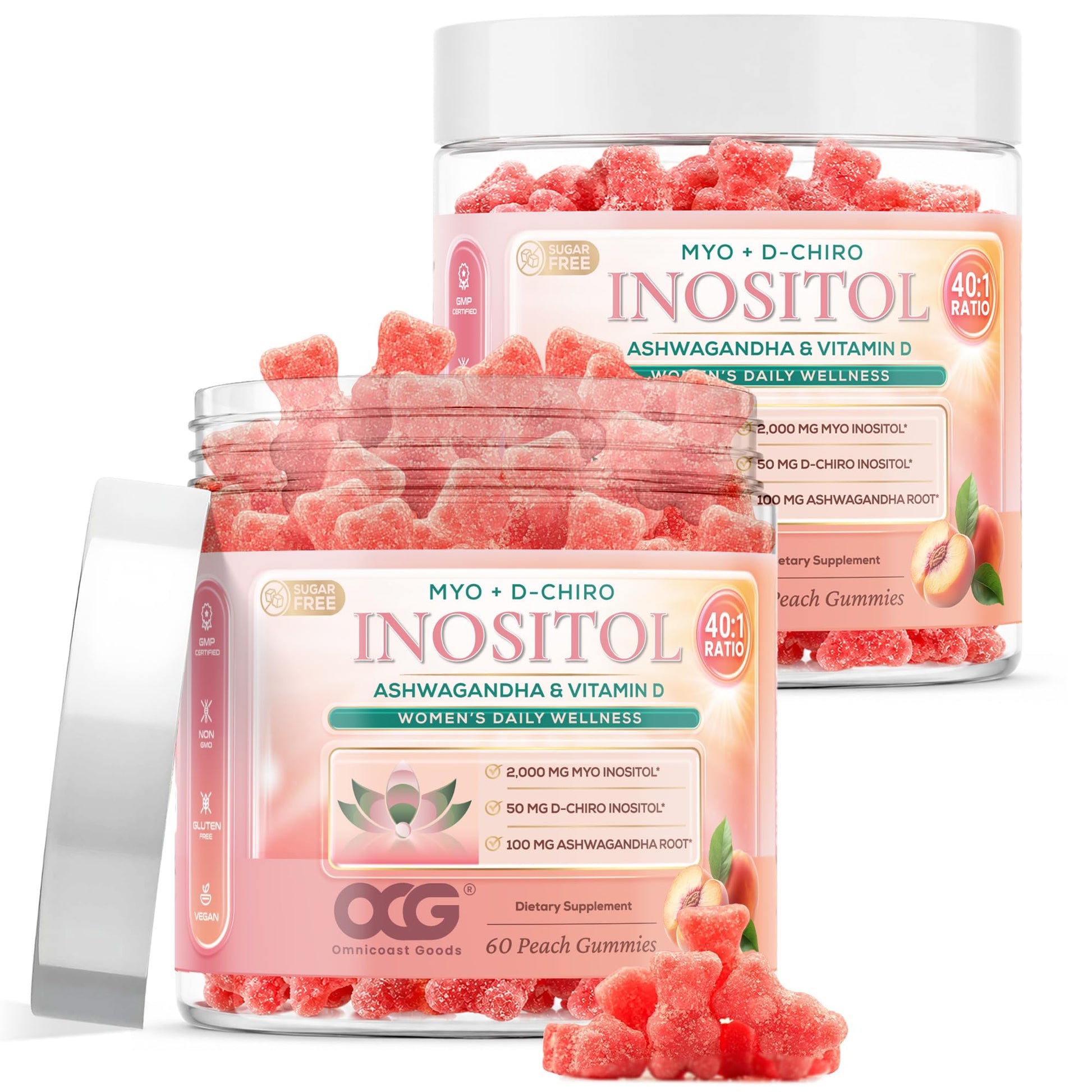 OMNICOAST GOODS, OCG Myo-Inositol & D-Chiro Inositol Gummies with Ashwagandha Root & Vitamin D3 | 40:1 Ratio | Sugar-Free Peach Flavor | Non-GMO | Dietary Supplement | 120 Gummies