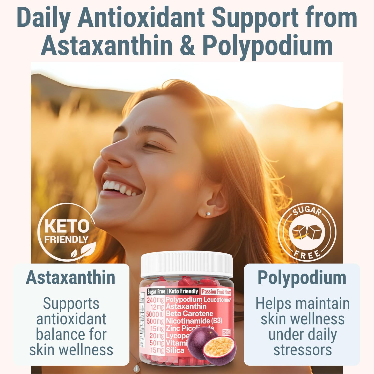 SHIZAM Astaxanthin Polypodium Leucotomos Zinc Picolinate Lycopene Vitamin E B3 Nicotinamide Silica Gummies 60 Count