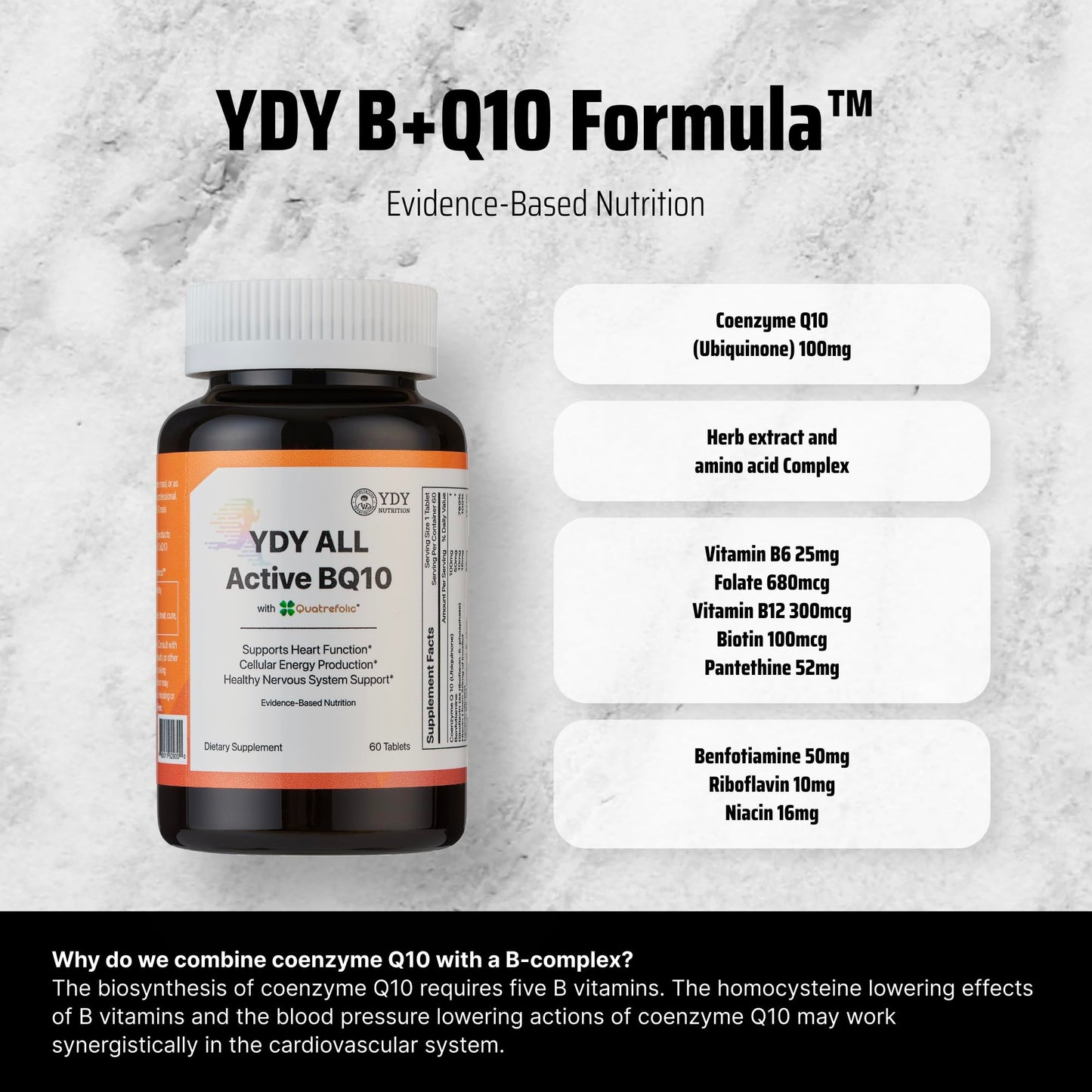 YDY Nutrition All Active BQ10 CoQ10 100mg Vitamin B Complex (B1, B2, B3, B6, B7, B9, B12, Pantethine) Tablets, 60 Count