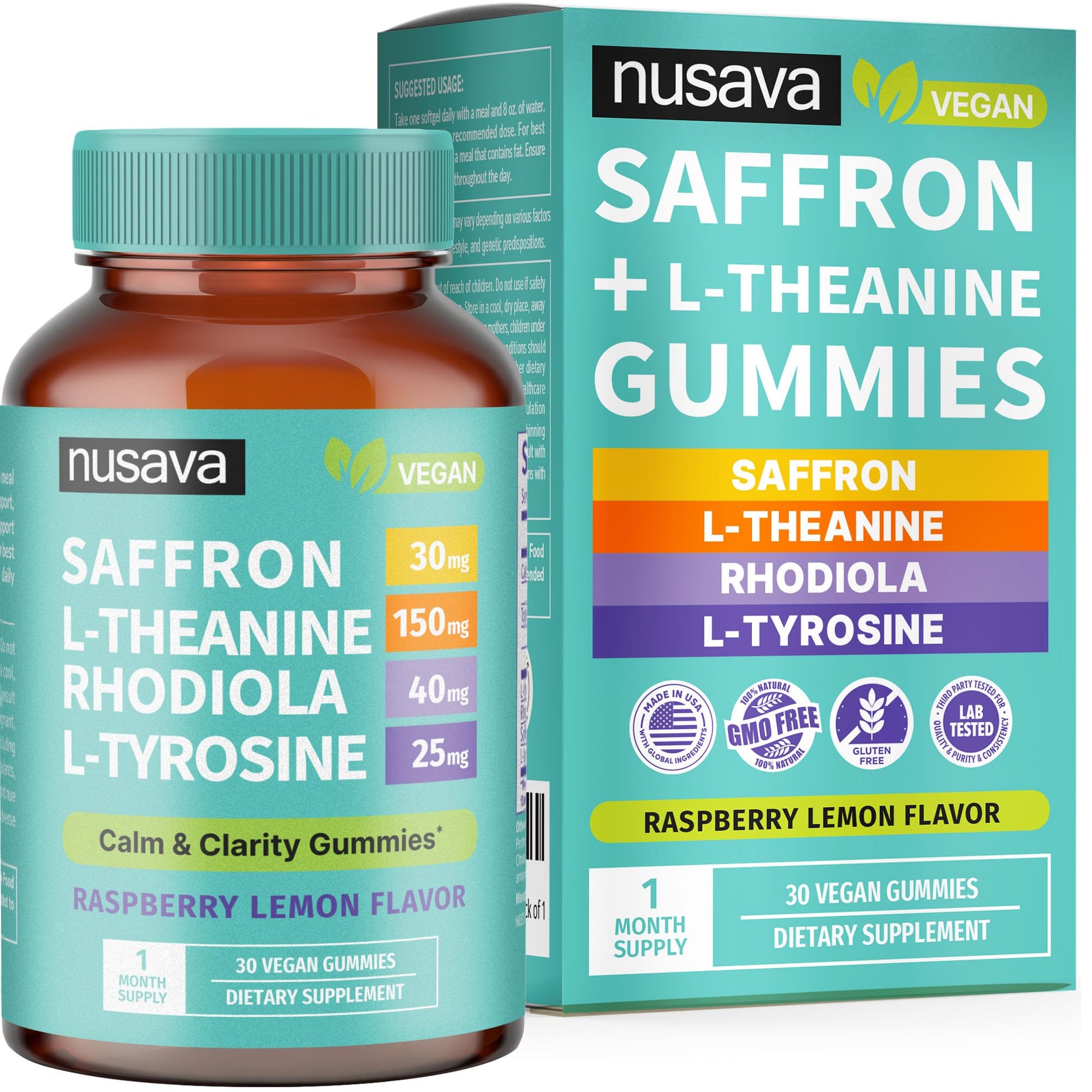 NUSAVA 4-in-1 Saffron Gummies with Rhodiola Rosea, L-Theanine & L-Tyrosine Mood Support, 30 Gummies