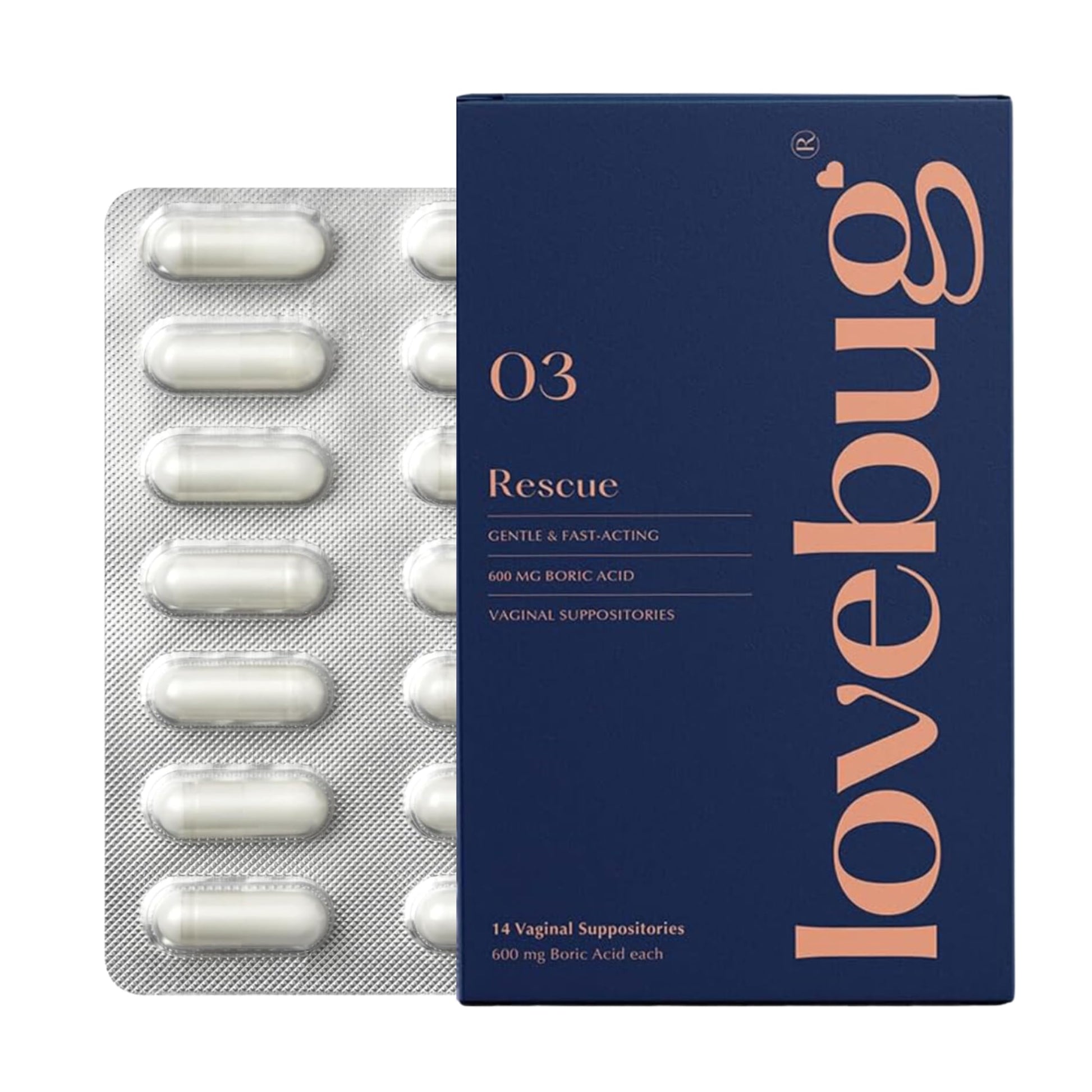 LoveBug Women's Health Rescue Vaginal Boric Acid Suppositories Capsules 14 Count